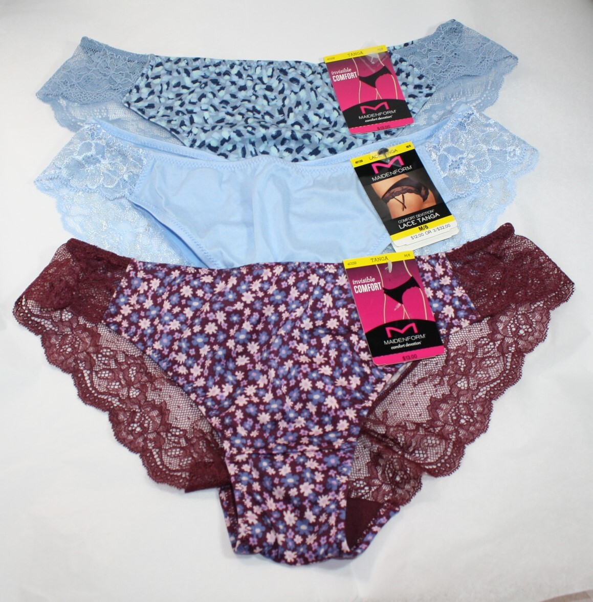 NWT set of 3 MAIDENFORM comfort devotion LACE TANGA BLUE solid WINE FORAL M/6