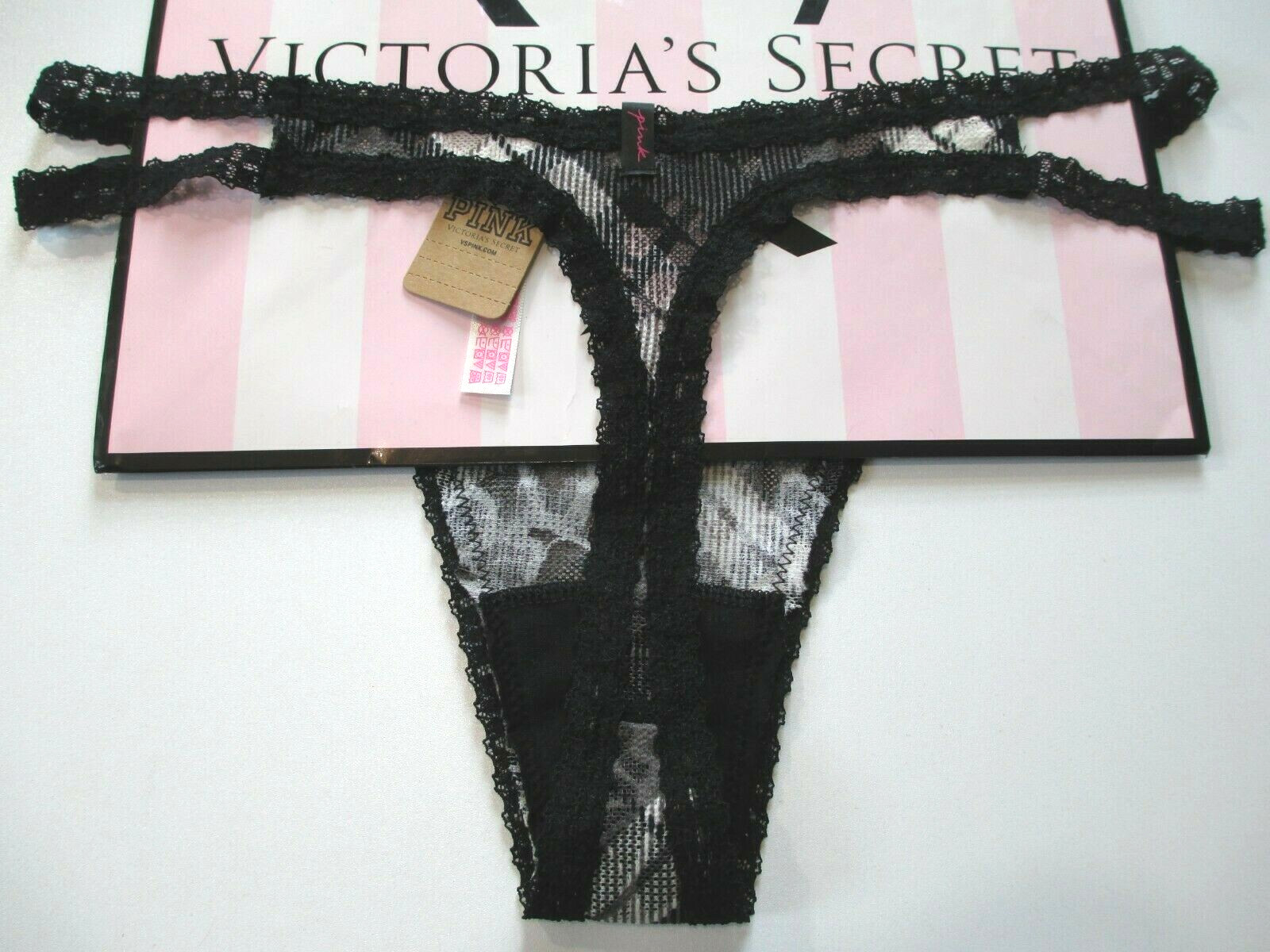 VICTORIA’S SECRET PINK Strappy Thong Panty S M Black White Plaid VS FREE SHIP 4+