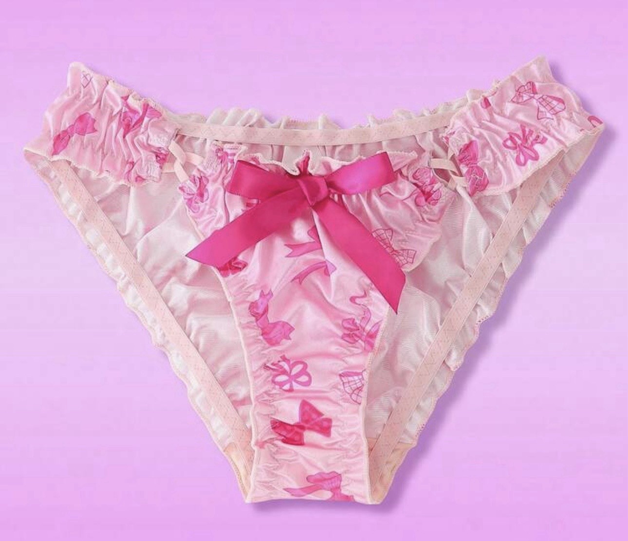 Glossy Pink Bow Print Satin Crinkle Edge Babydoll Sissy Bikini Panties XL NEW