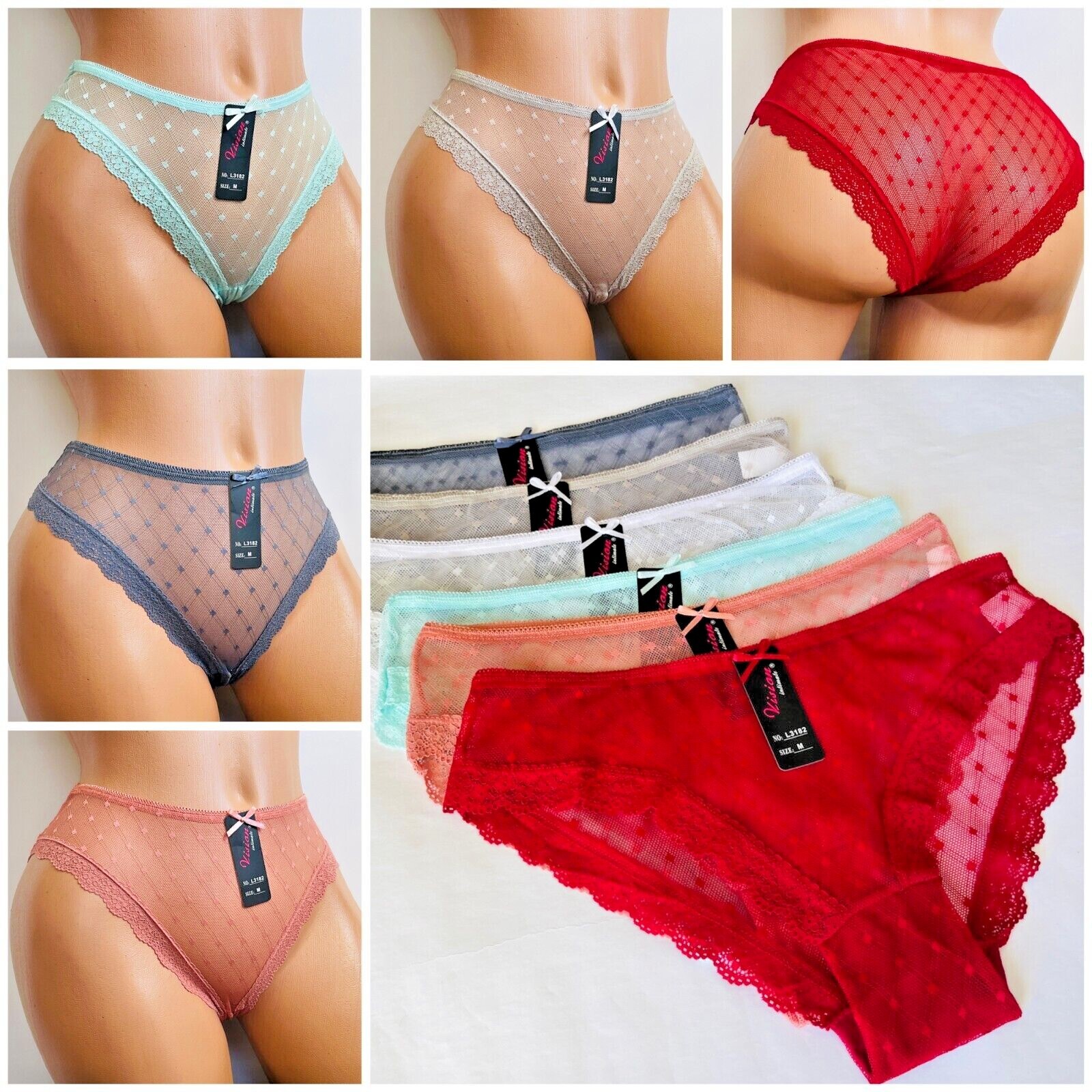 Women Sexy Sheer Bikini Brief 3/6 Pack Low Waist See Through Panty Lace Mesh 182