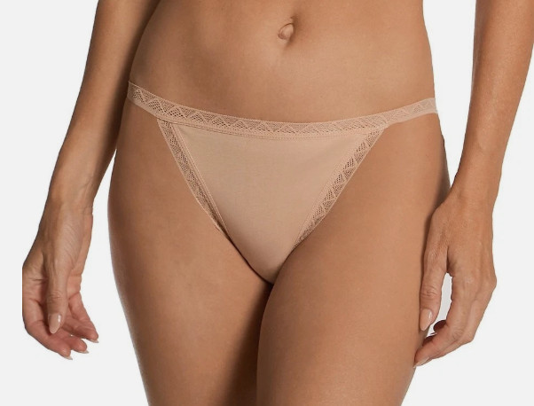 On Gossamer Bikini Underwear L Mid Rise Champagne Lace Trim Cabana Cotton