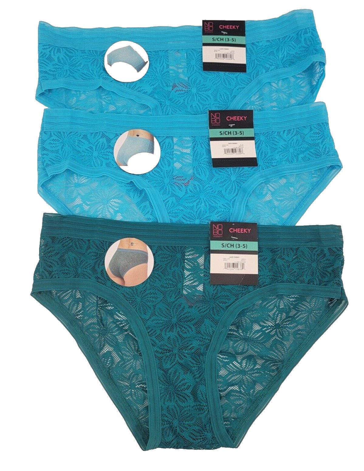 No Boundaries Women’s 3-Pack Stretch Floral Lace Cheeky Panties –Size Small