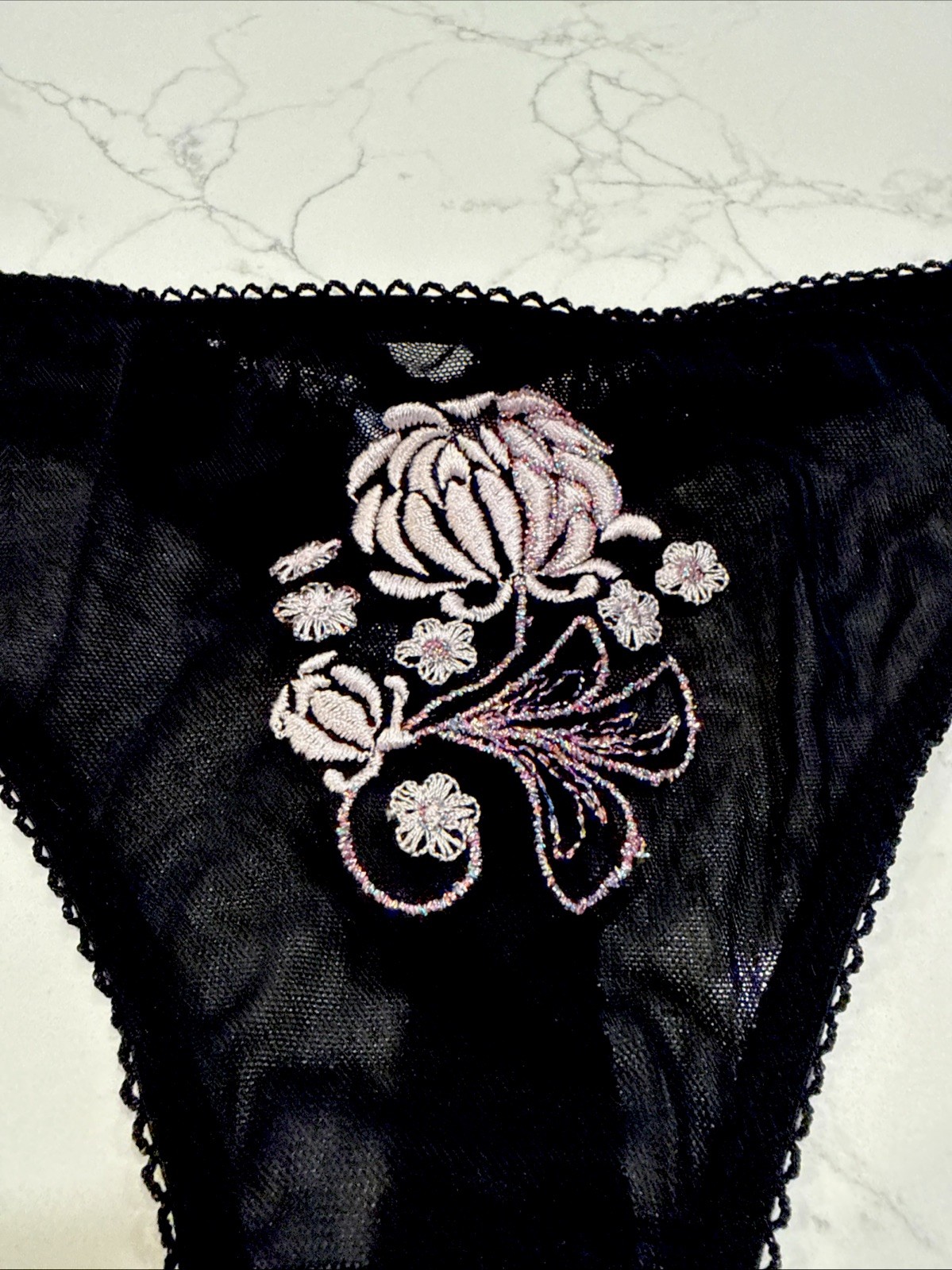 H & M Black Embroidery Floral Thong Panties Size M