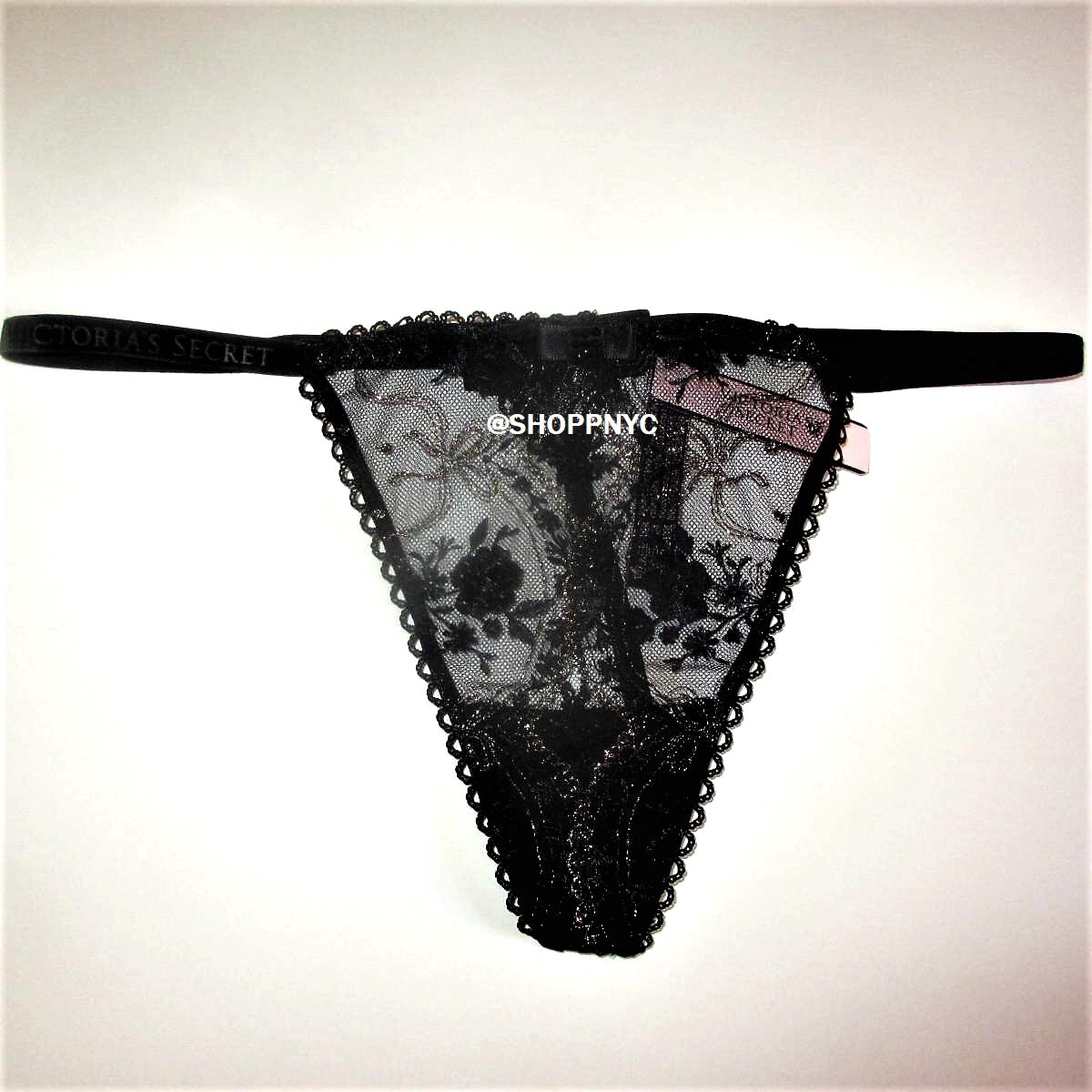 VICTORIA’S SECRET Very Sexy V-String Panty Size M Black Gold Embroidered $34