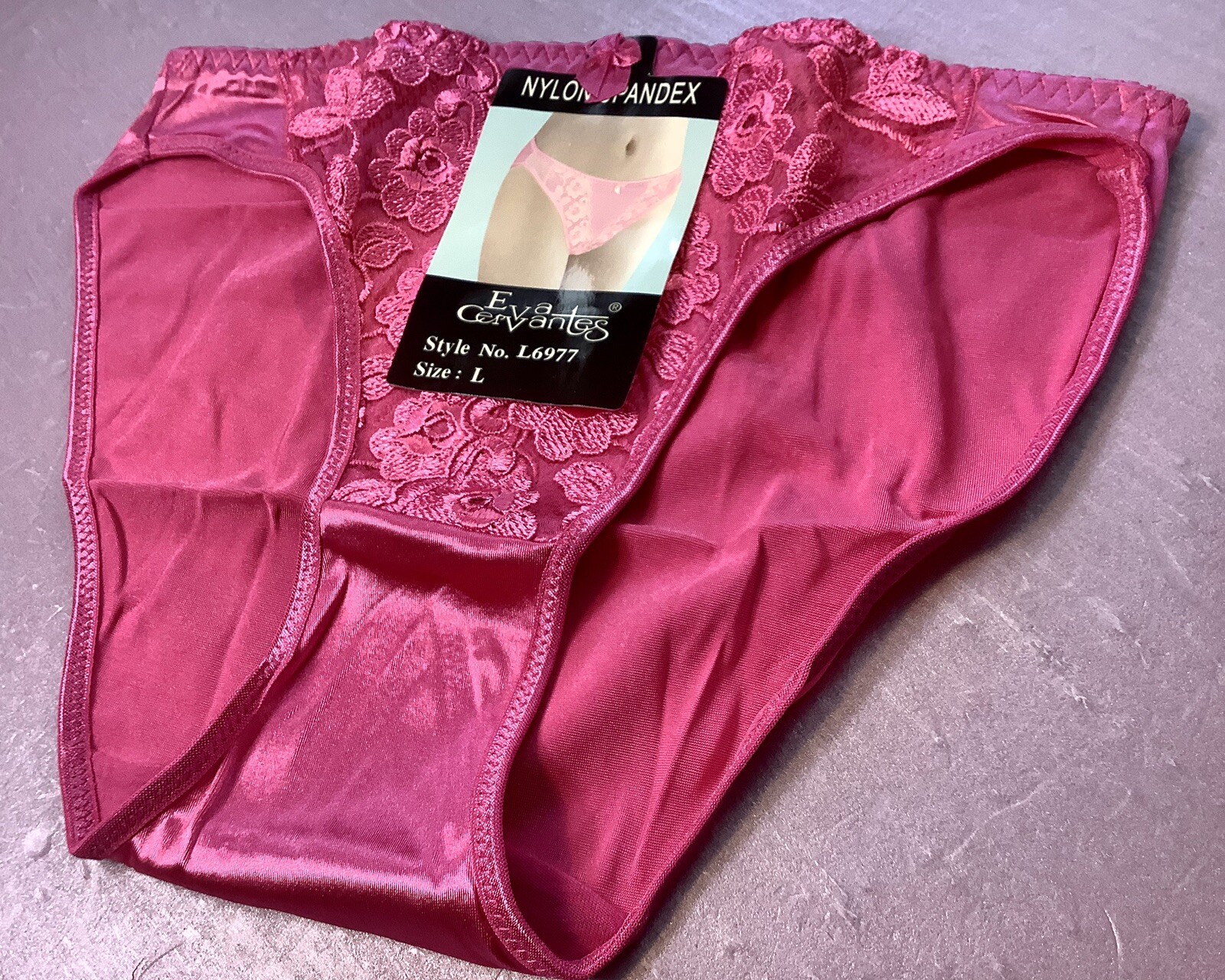 Women Panties,Bikinis”Eva Cervantes”Size M. Red Carmine Satin FloralW/decoration