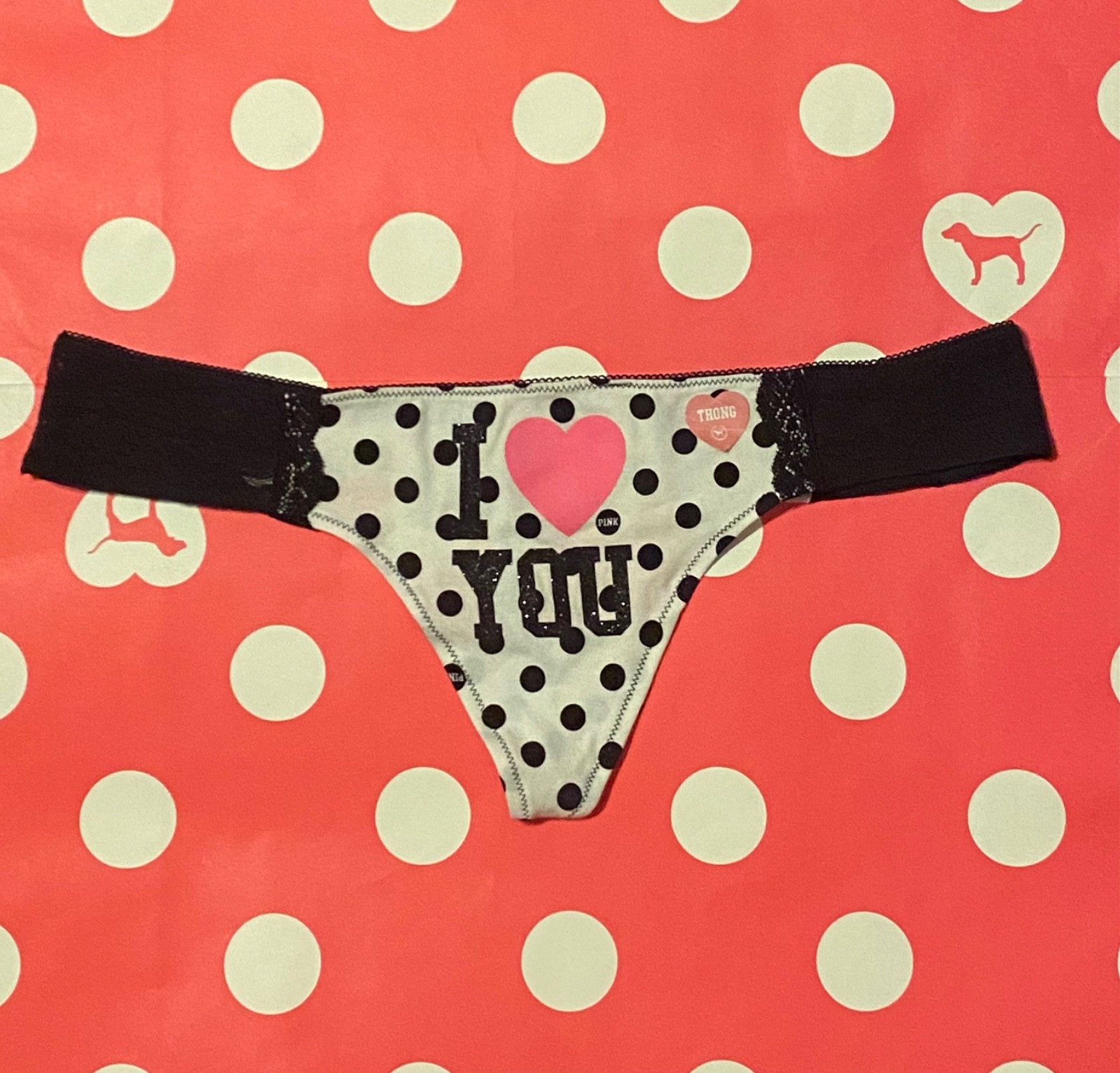 Victoria’s Secret Pink 2011 Y2K I Love You Lace Side Thong dot L Panty Vtg