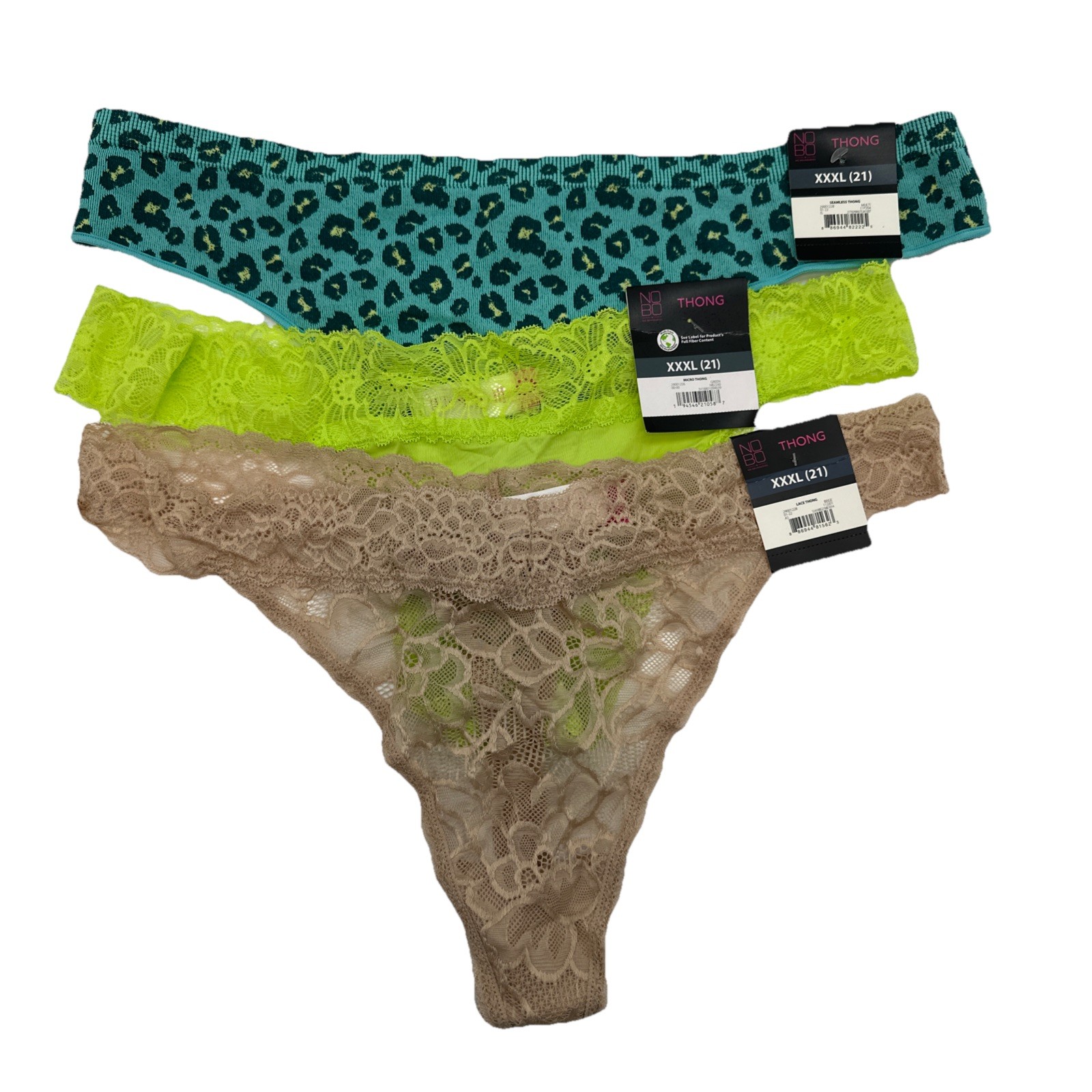 No Boundaries NOBO XXXL (21) Thong Panties Set of 3 Cheetah, Beige, Green {57}