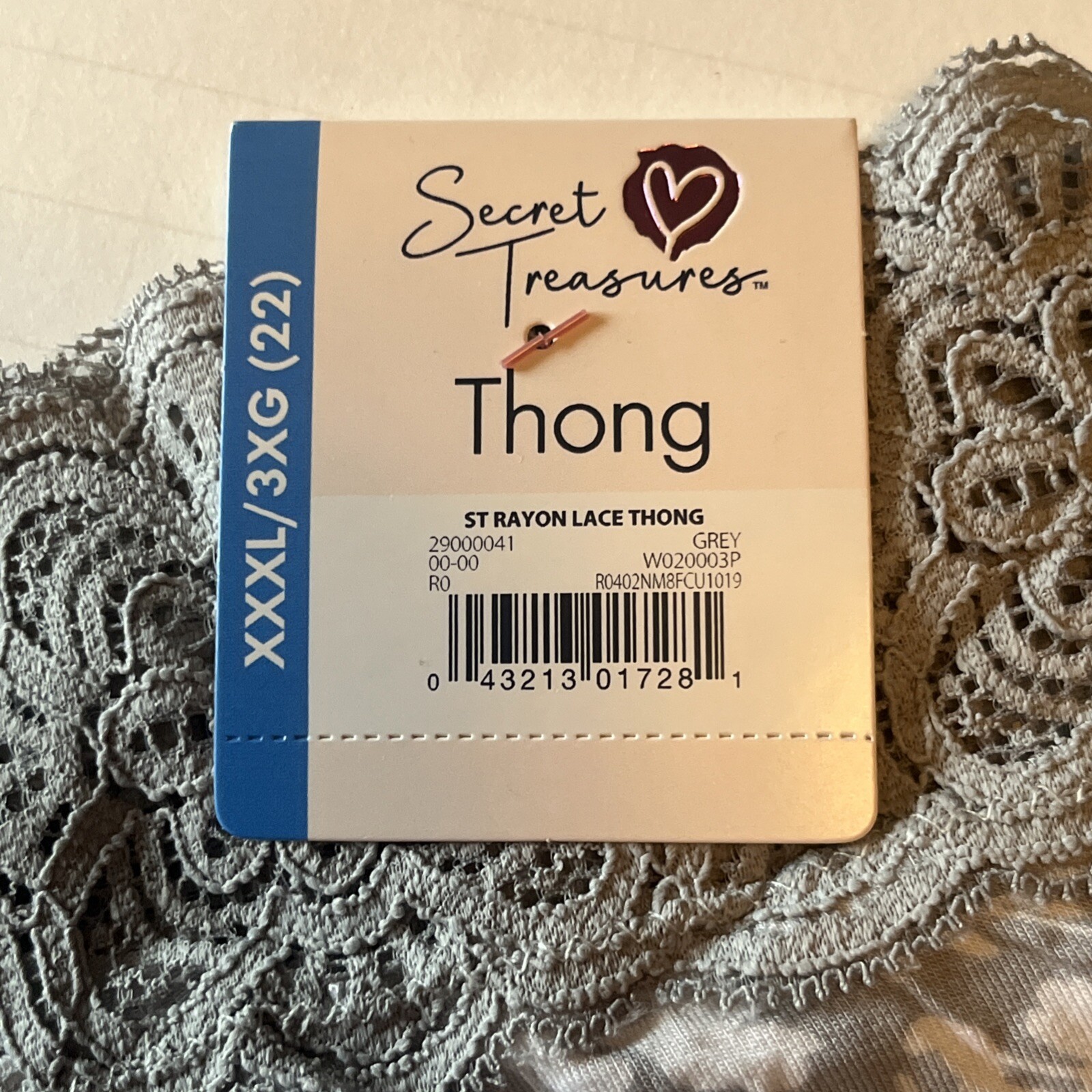 Secret Treasures Gray Thong Panties Rayon And Lace Size 3XL