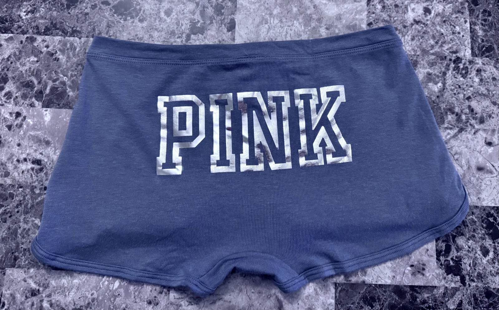 NWT VICTORIA’S SECRET PINK BLUE SILVER LOGO CURVED HEM DORM BOYSHORT PANTIES
