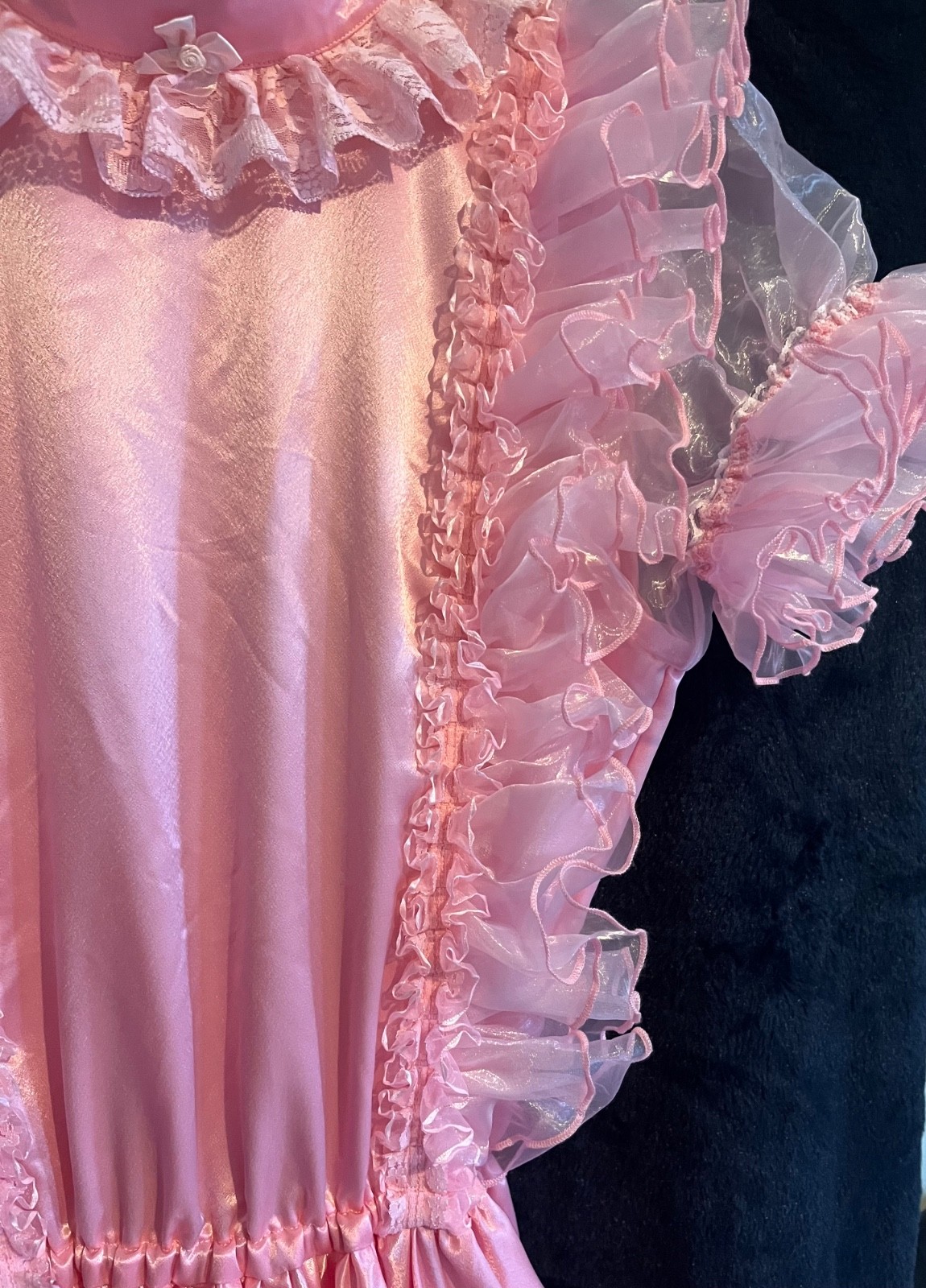 HulaKula Cute Pink Satin Organza Frilly Puff Sleeve Long Dress Sissy CD TV