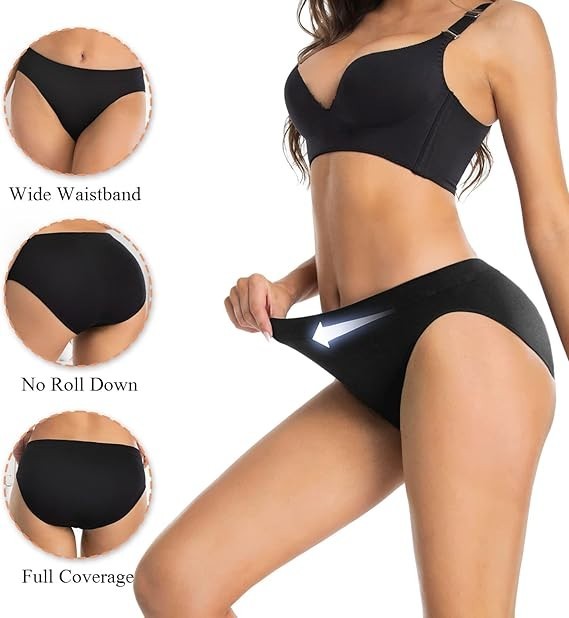 6 Pack Sudally Womens High Cut Briefs Underwear Full Coverage Black M Tight fit