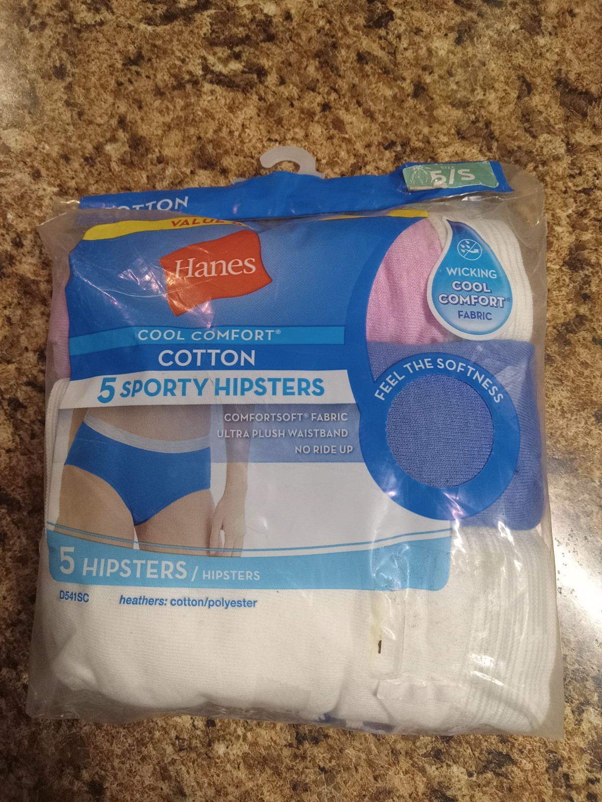 5pk Hanes Cotton Sporty Hipsters Sz (5/S), Cool Comfort, No Ride Up, Tagless…