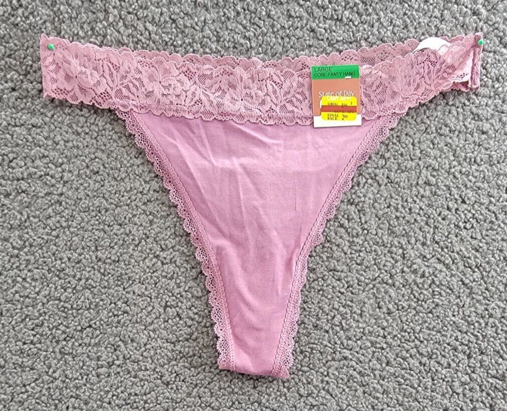 State of Day Lace-Trim Thong Underwear Women’s L Mauve Orchid Elastic Waistband~
