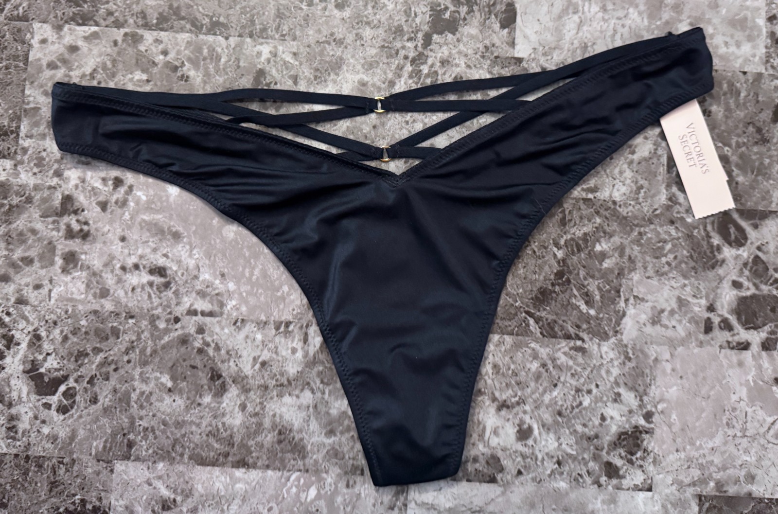 NWT VICTORIA’S SECRET DARK BLUE SATIN SMOOTH STRAPPY BACK HIGH LEG THONG PANTIES