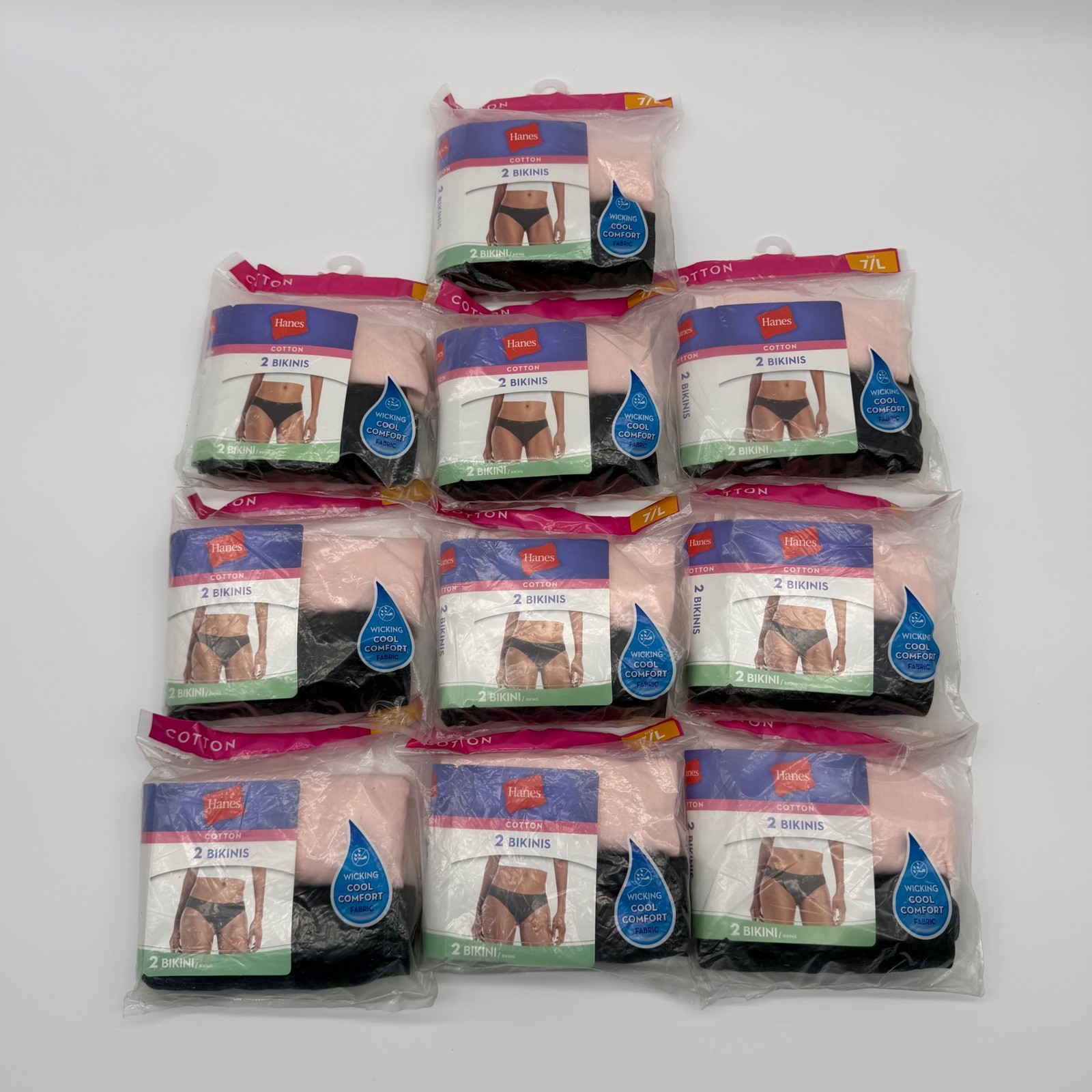 (Lot of 10) Hanes Ladies Bikini Underwear 2-Pack 7/L Cotton Black/Pink Panties