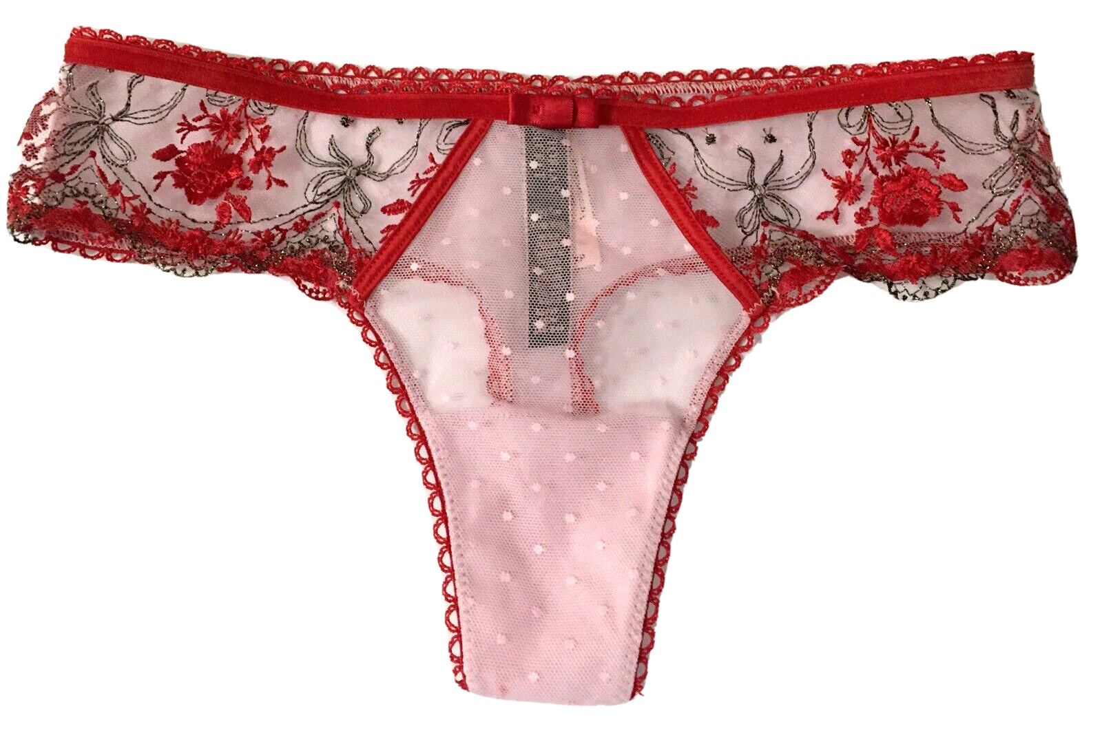 Victoria’s Secret Very Sexy Red Polka Dot Mesh Metallic Thong Panties Size XS