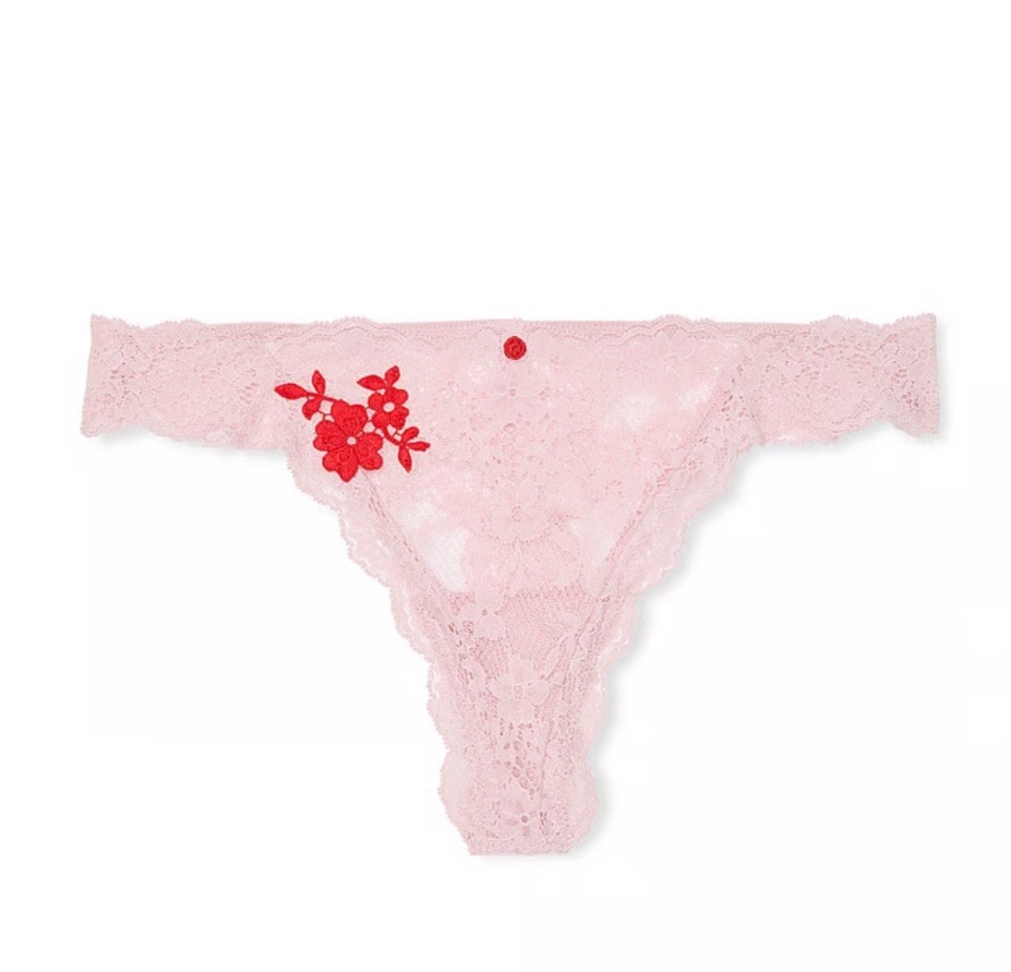 NWT Victoria’s Secret Dream Angels Lace Thong Panty XS Petal Pink Red Embroidery
