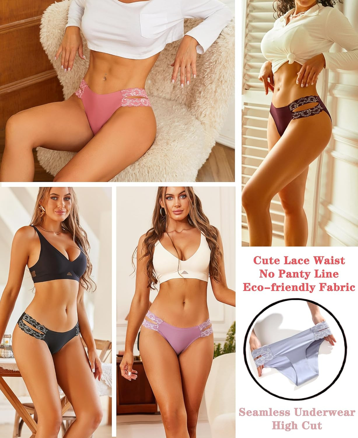 Seamless Underwear for Women Cheeky Bikini Panties High Cut V-Waist Lace Underwe