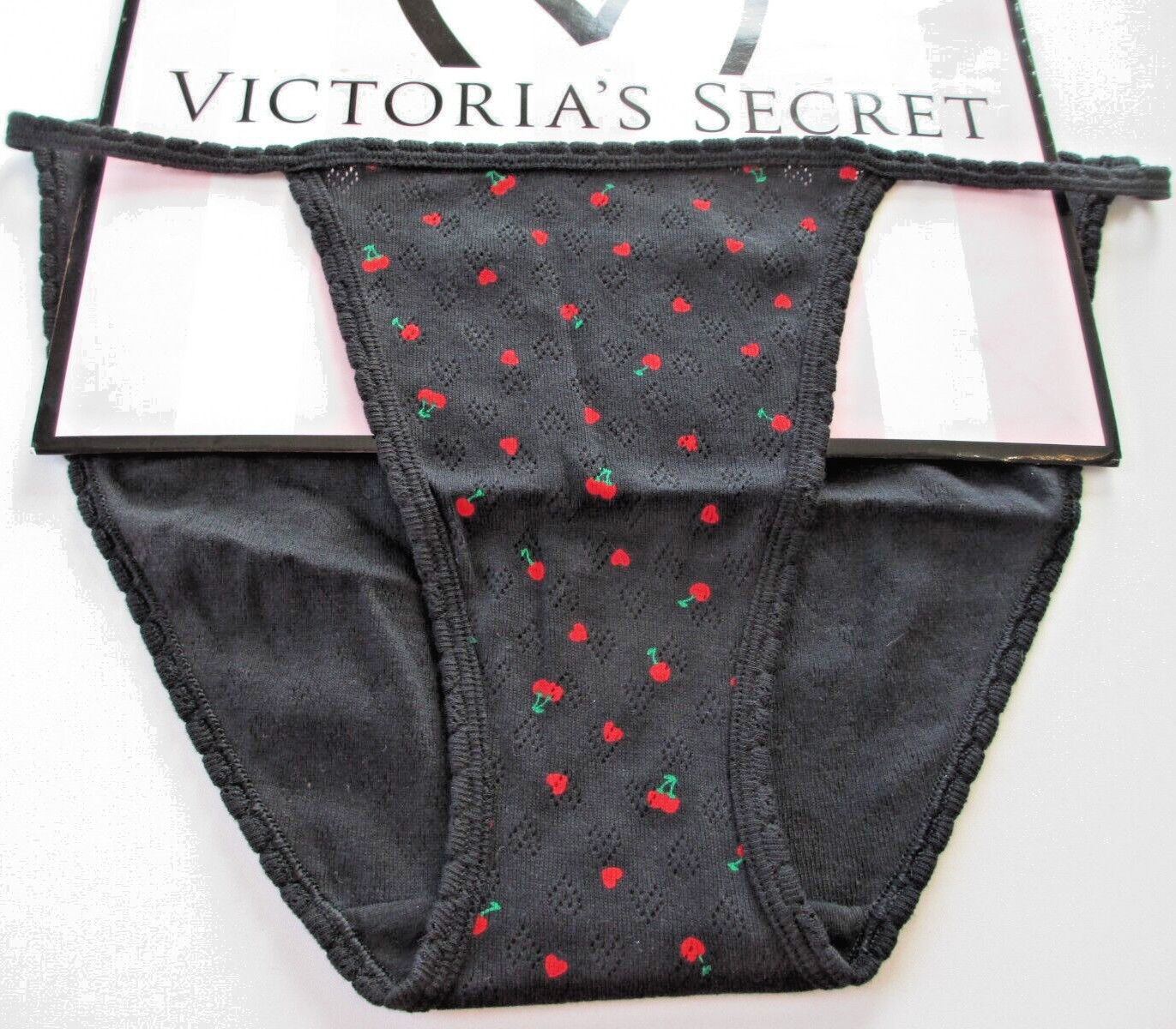 VICTORIA’S SECRET PINK 100% Cotton String Bikini Panty VS Black Red Cherry Heart
