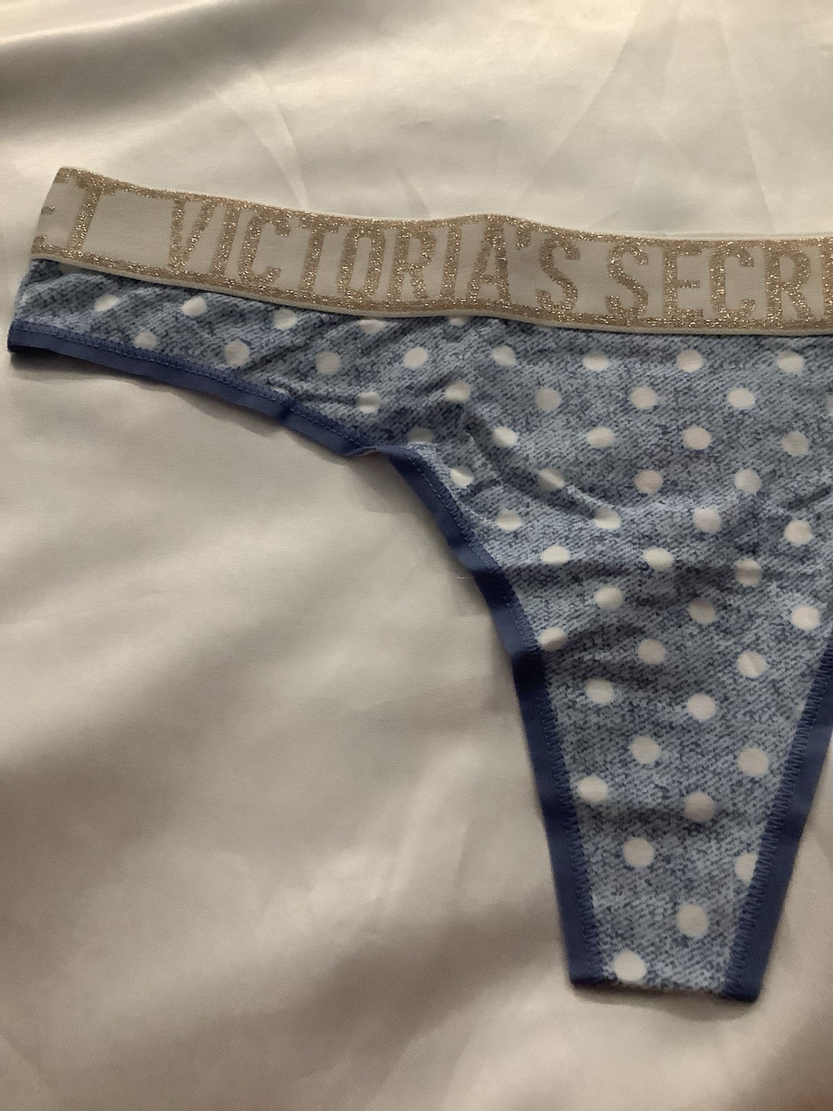 Victoria’s Secret PINK Women’s Thong Panties Blue Polka Dot Gold Glitter 1pk L