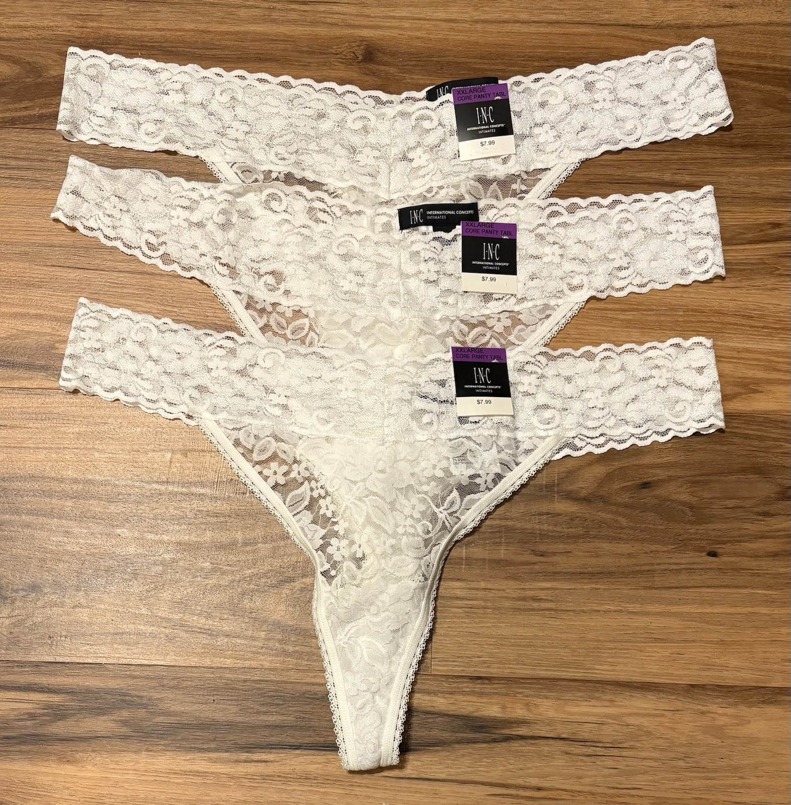 INC international concepts Plus Lace Thongs 3 Pair, Washed White, Size XXL, $24