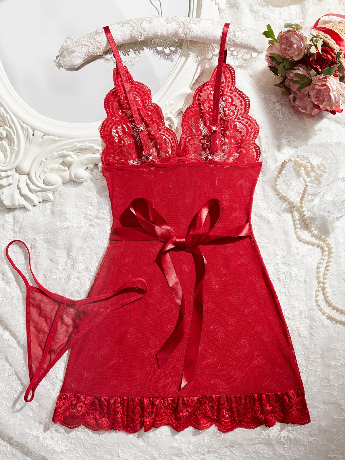 Women Babydoll Lingerie Lace Chemise Sexy Nightgown Ruffle Hem Sleep Dress Thong
