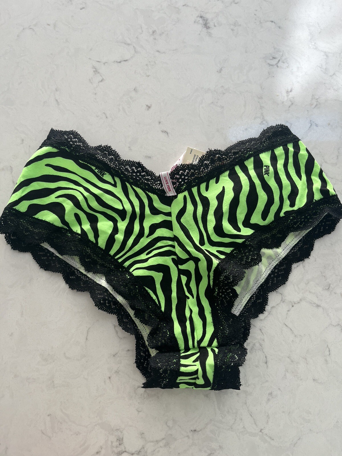 VTG VS Pink Hipster Panty Zebra Print Neon Green/ Black W/ Lace NWT