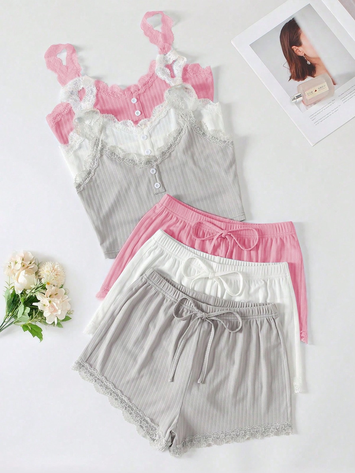 3 piece ladies pyjama set with lace cami top and shorts cheap24