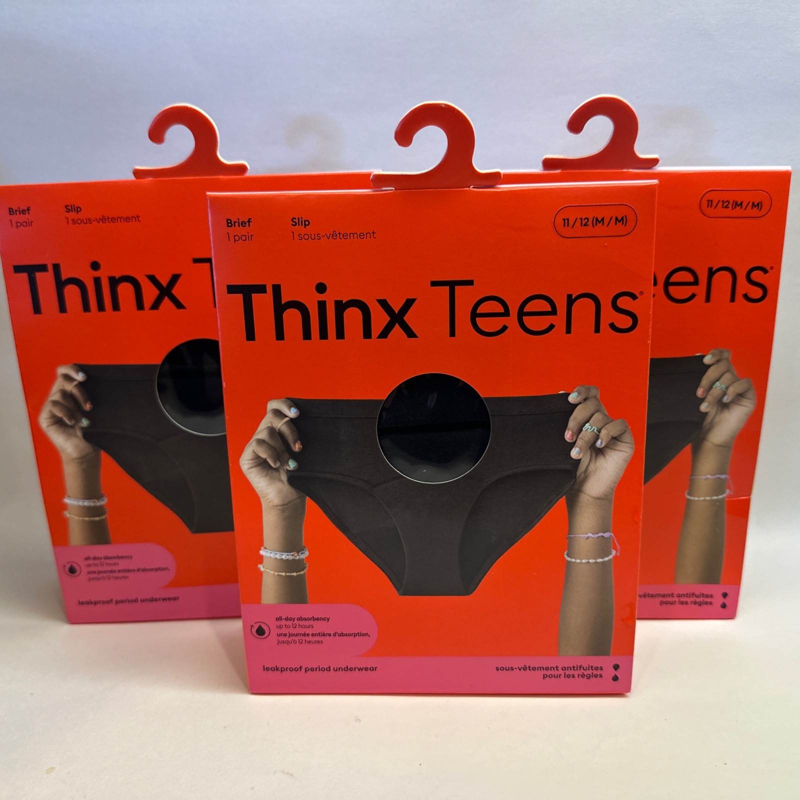 3x Thinx Teens Briefs Leakproof Period Underwear, Size M/11-12 Black