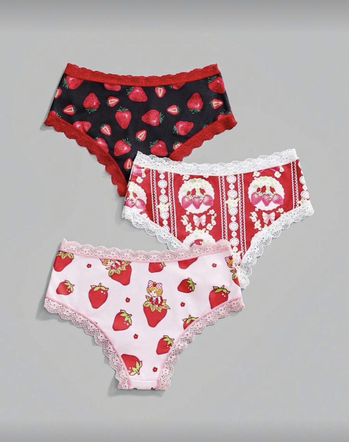 ROMWE Strawberry Shortcake Kawaii y2k Lace Trim Fabric Cute Cheeky Brief Panties