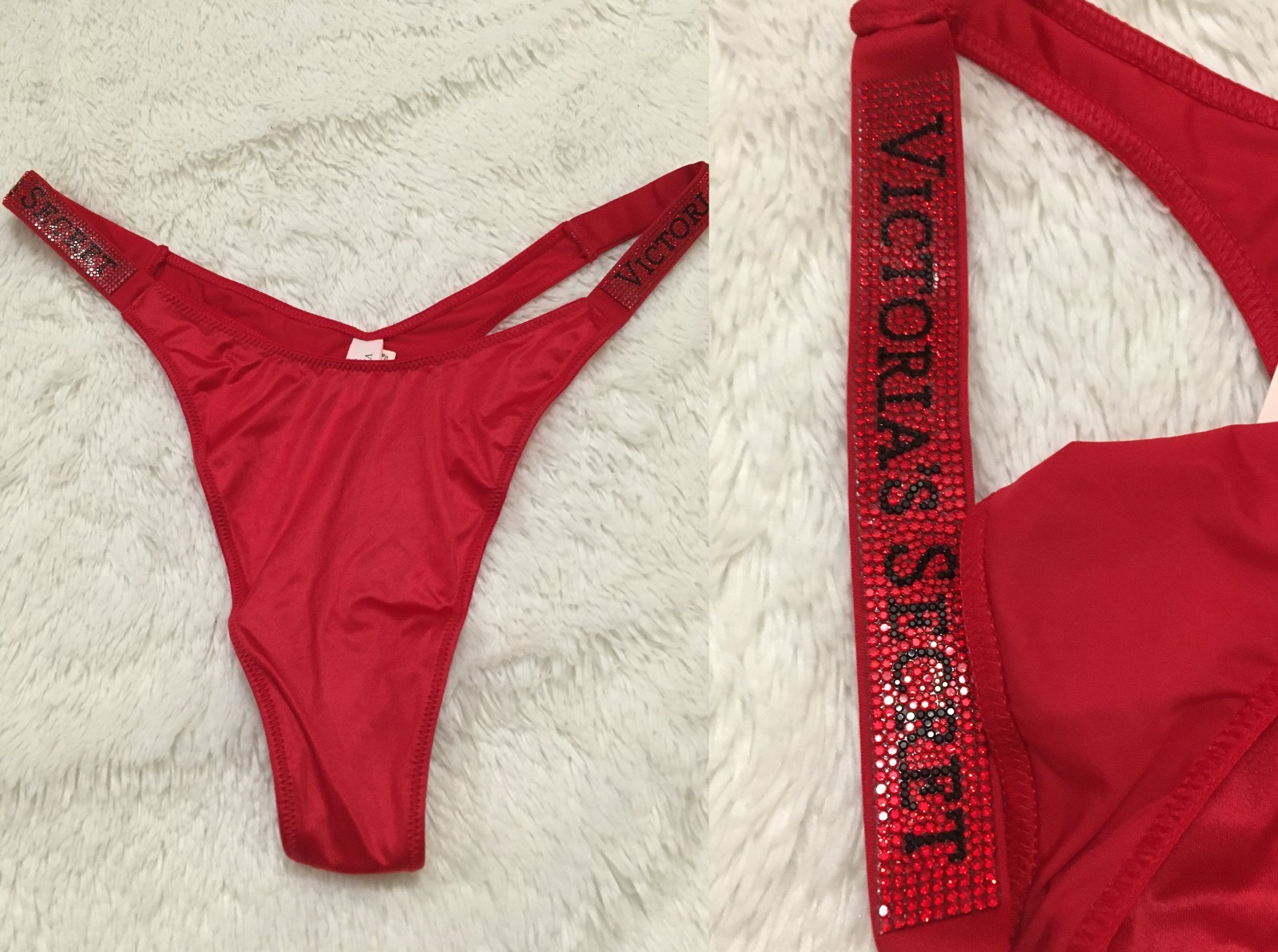 S VICTORIA’S Secret LOGO SHINE STRAP Satin THONG Panty Lipstick Red Very Sexy VS