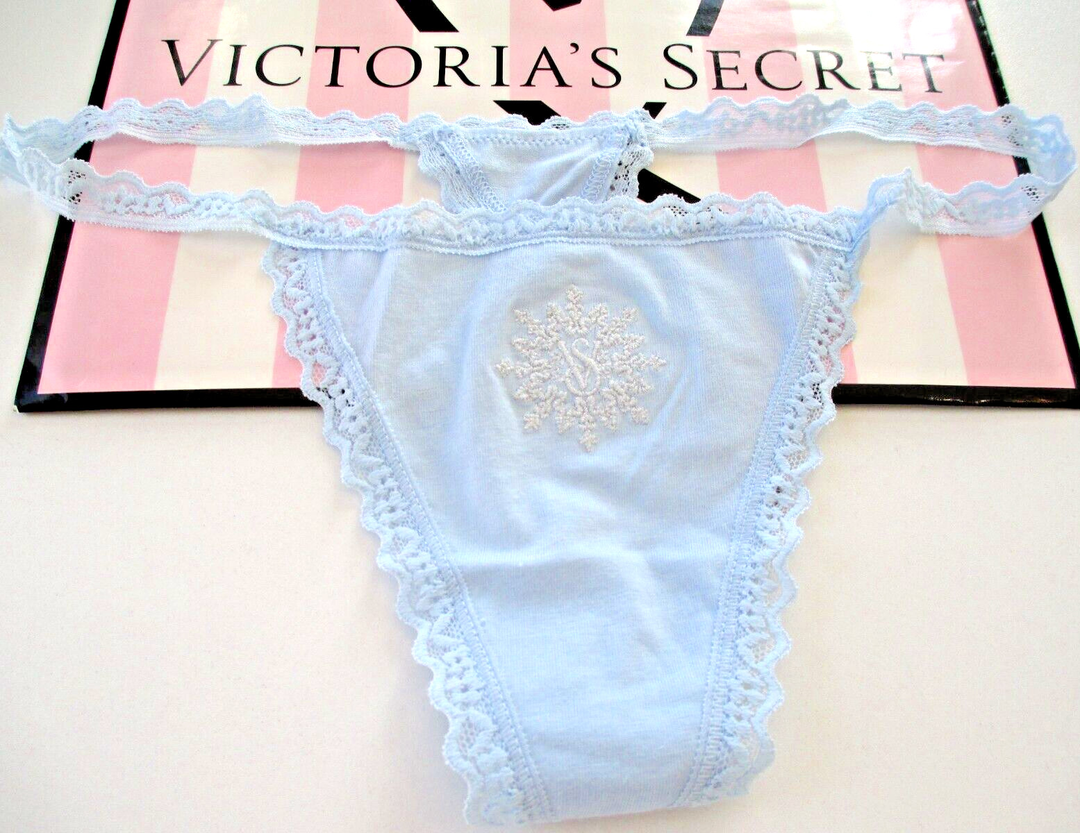 VICTORIA’S SECRET Cotton V-String Thong Panty XL Blue NWT Snowflake VS Lace Trim