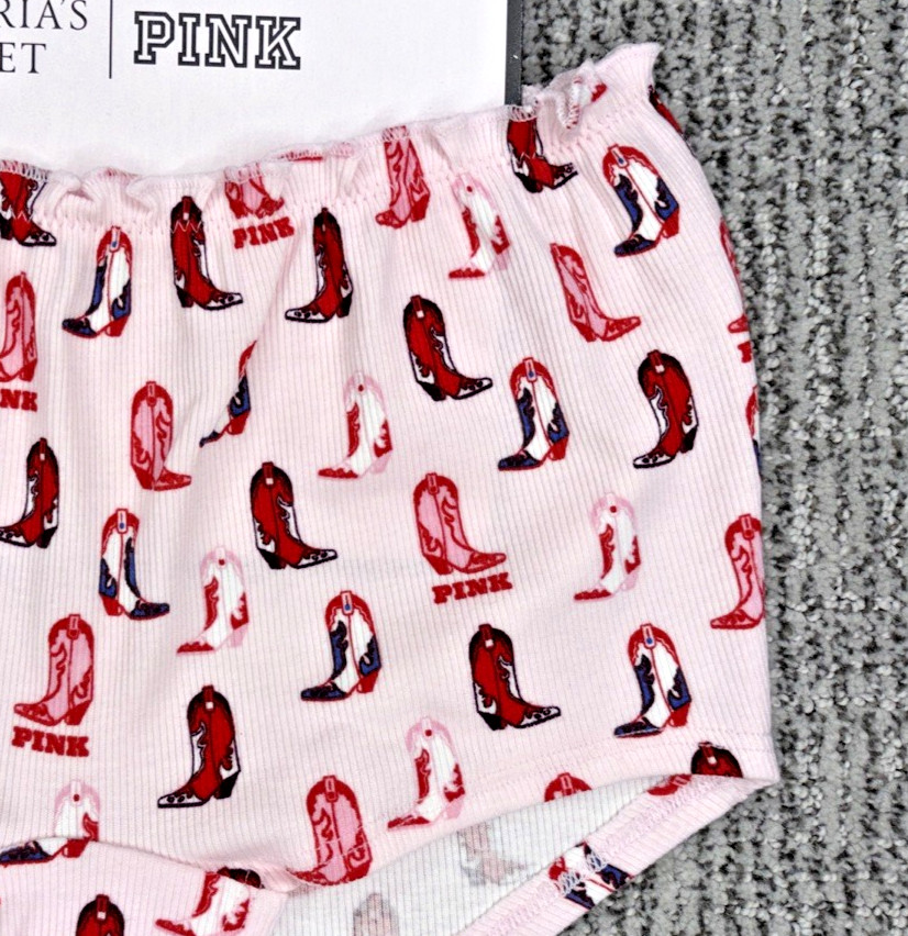Victorias Secret PINK NWT Medium Pink Cowgirl Boots Boyshort Panty Ruffle Cutout