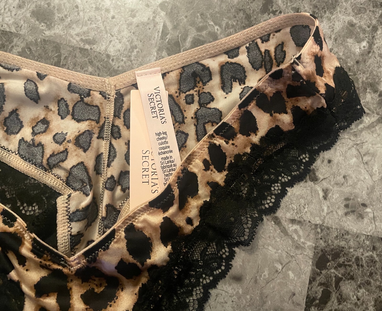 NWT VICTORIA’S SECRET LEOPARD SATIN SMOOTH LACE BOW HIGH LEG CHEEKY PANTIES