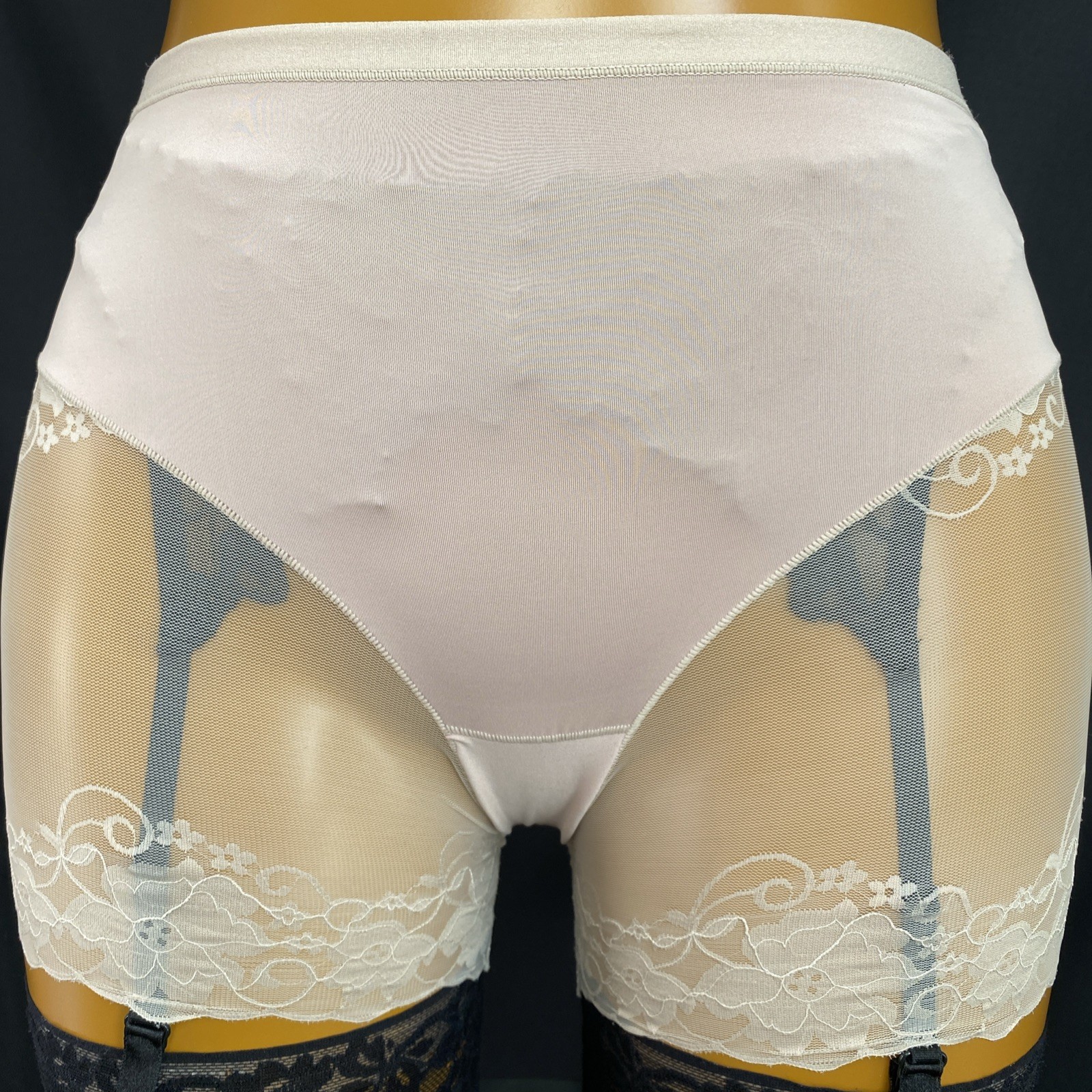 Knickers/Shorts, Nude Slippery Satin Poly, Floral Embroidered Sheer Mesh Size L
