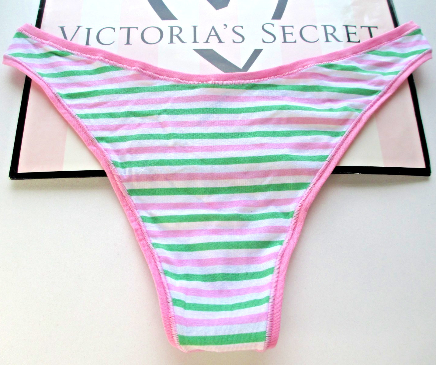 VICTORIA’S SECRET PINK Cotton High Leg Thong Panty M L Stripe NWT White Green VS