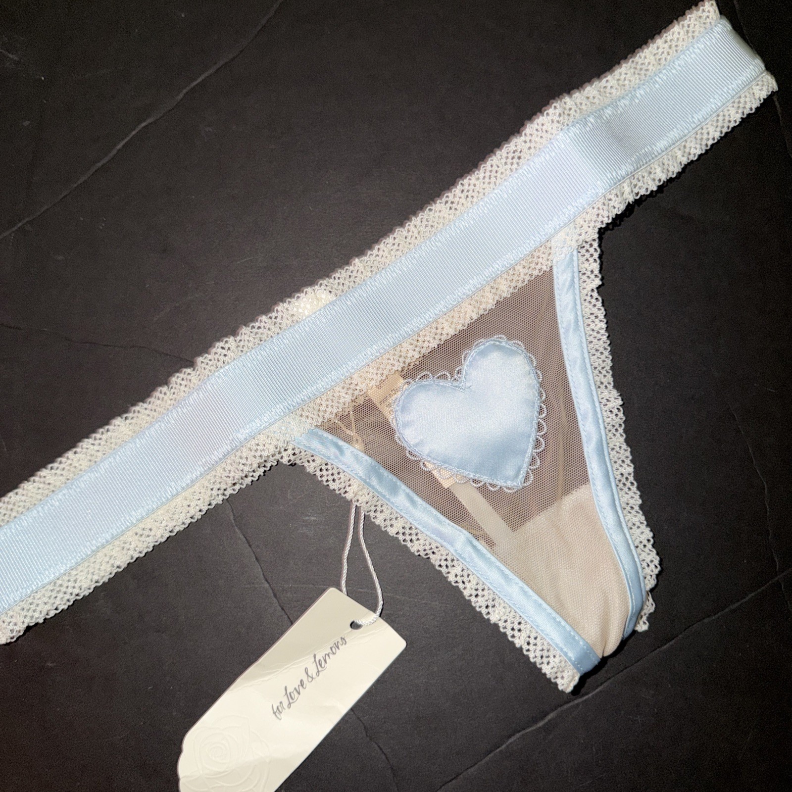 For LOVE & LEMONS XS,S Thong panty BLUE satin HEART APPLIQUE