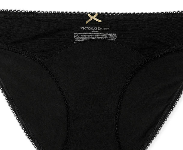 M NOIR Dk Black Dot Mesh Gold Bow Stretch Cotton Victoria’s Secret BIKINI Panty