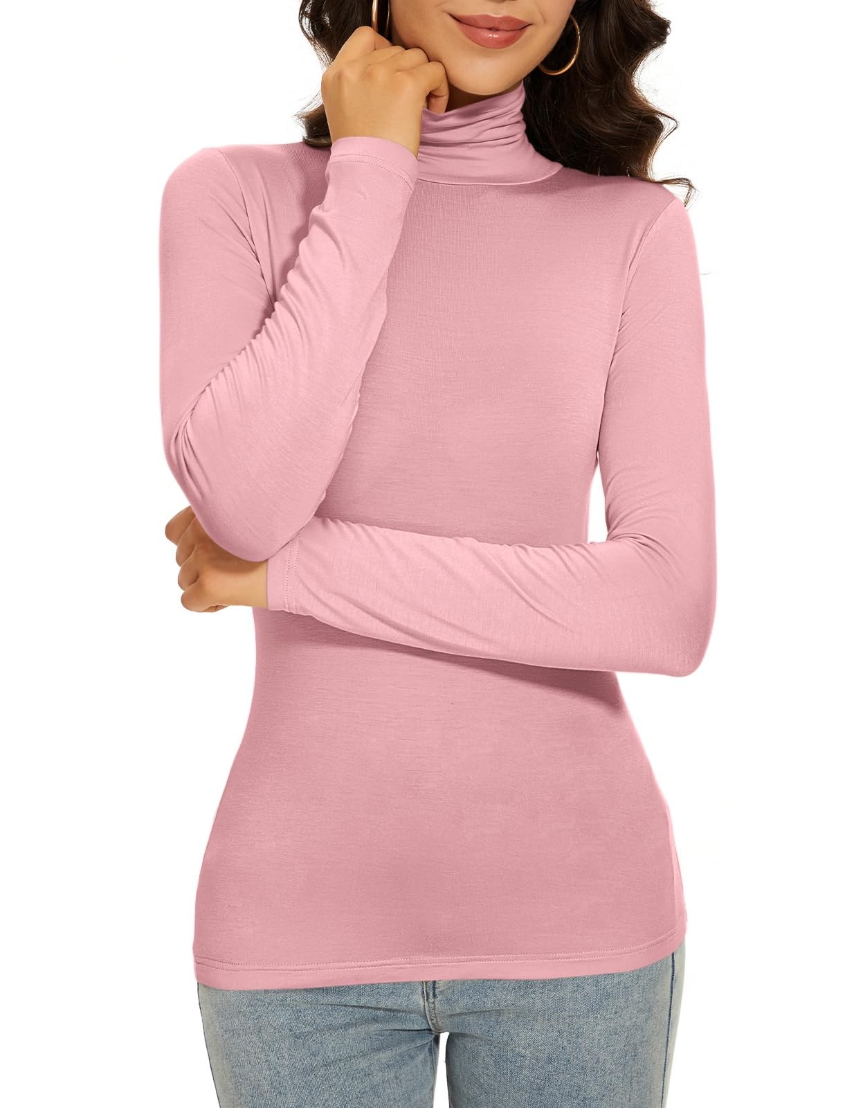 Plus Size Pink Scrub Undershirt Long Sleeve Women Turtleneck Thermal Tops Und…