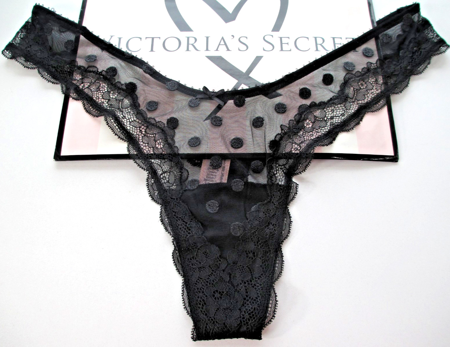 VICTORIA’S SECRET Tease High Leg Thong Panty L Black NWT Mesh Dot VS Lace Trim