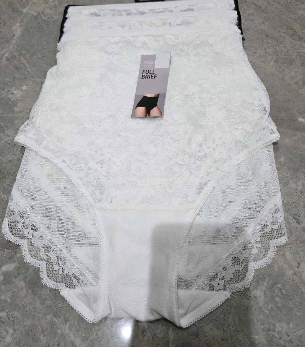 M&S 3pk Lace Full Briefs Knickers Size 28 WHITE