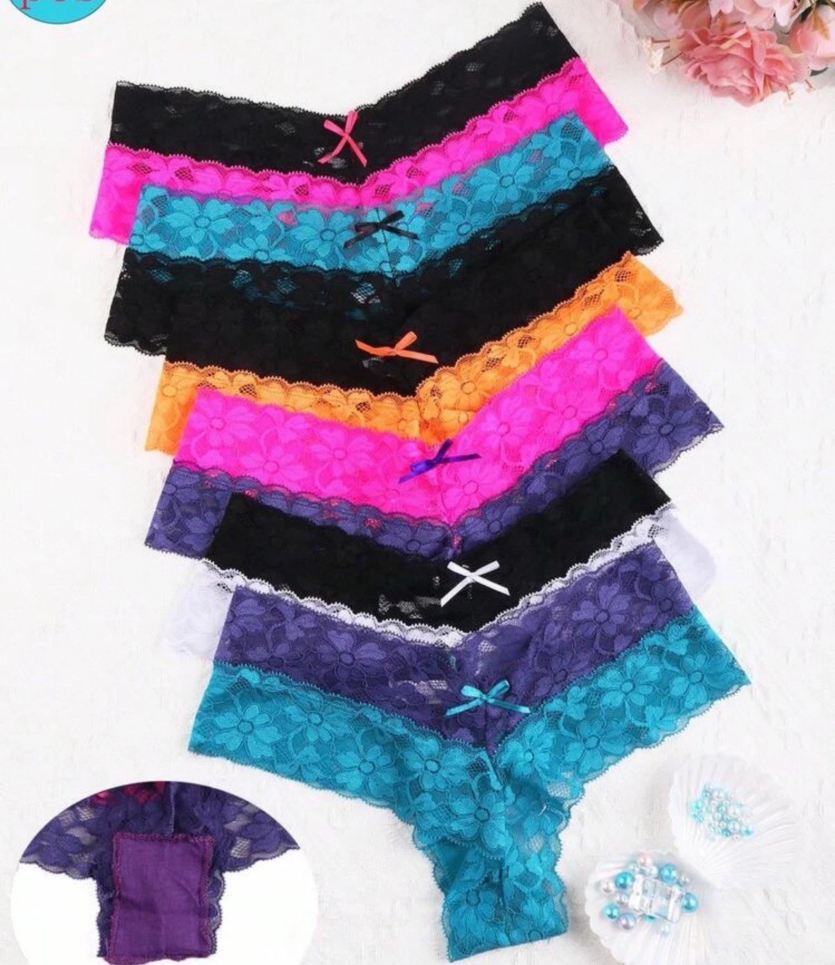 Women’s Lace Floral Lingerie Thong Panties Pink Blue Black Orange Bow 6pk Medium