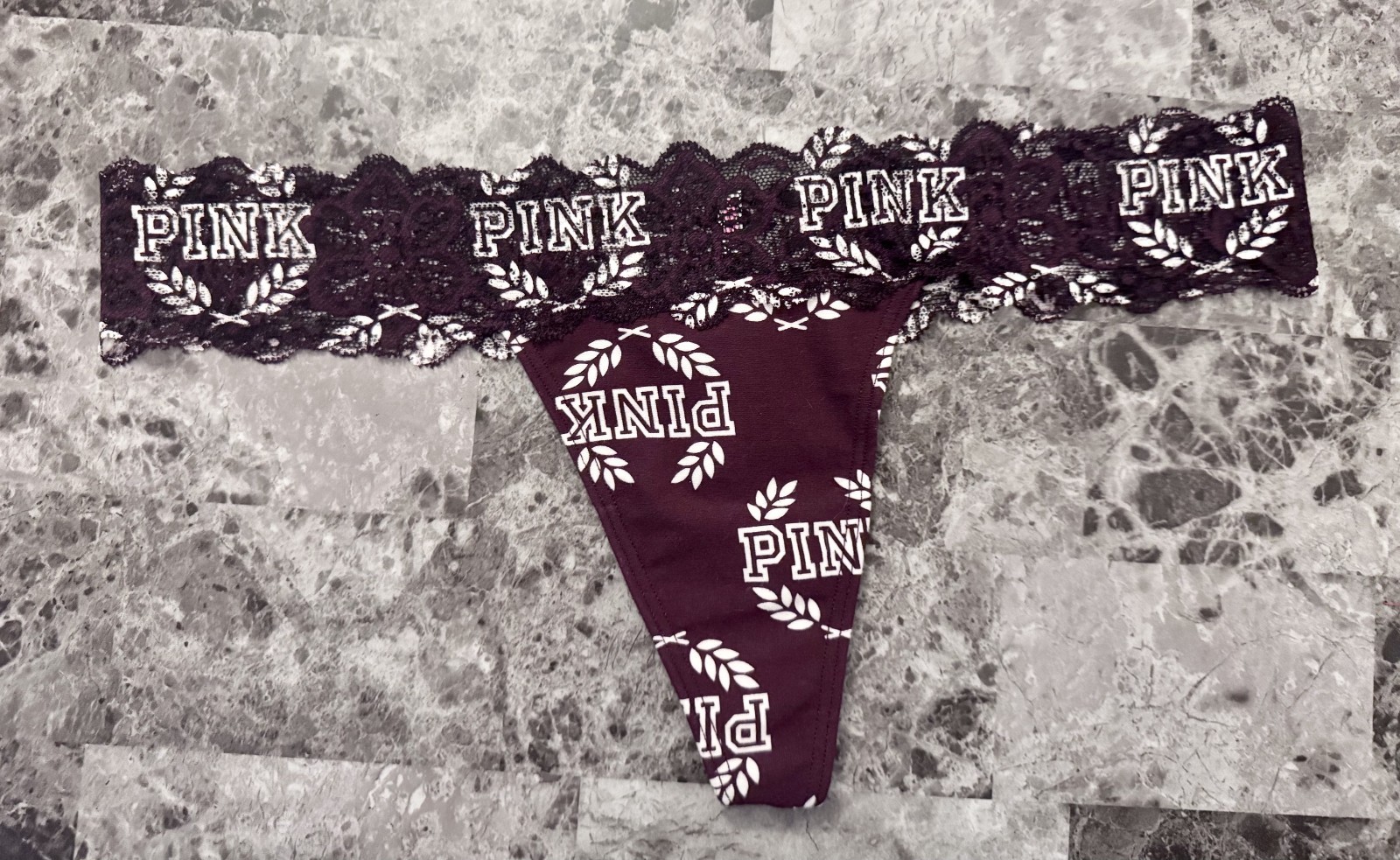 NWT VICTORIA’S SECRET PINK L MAROON WHITE LOGO FLORAL LACE RARE THONG PANTIES