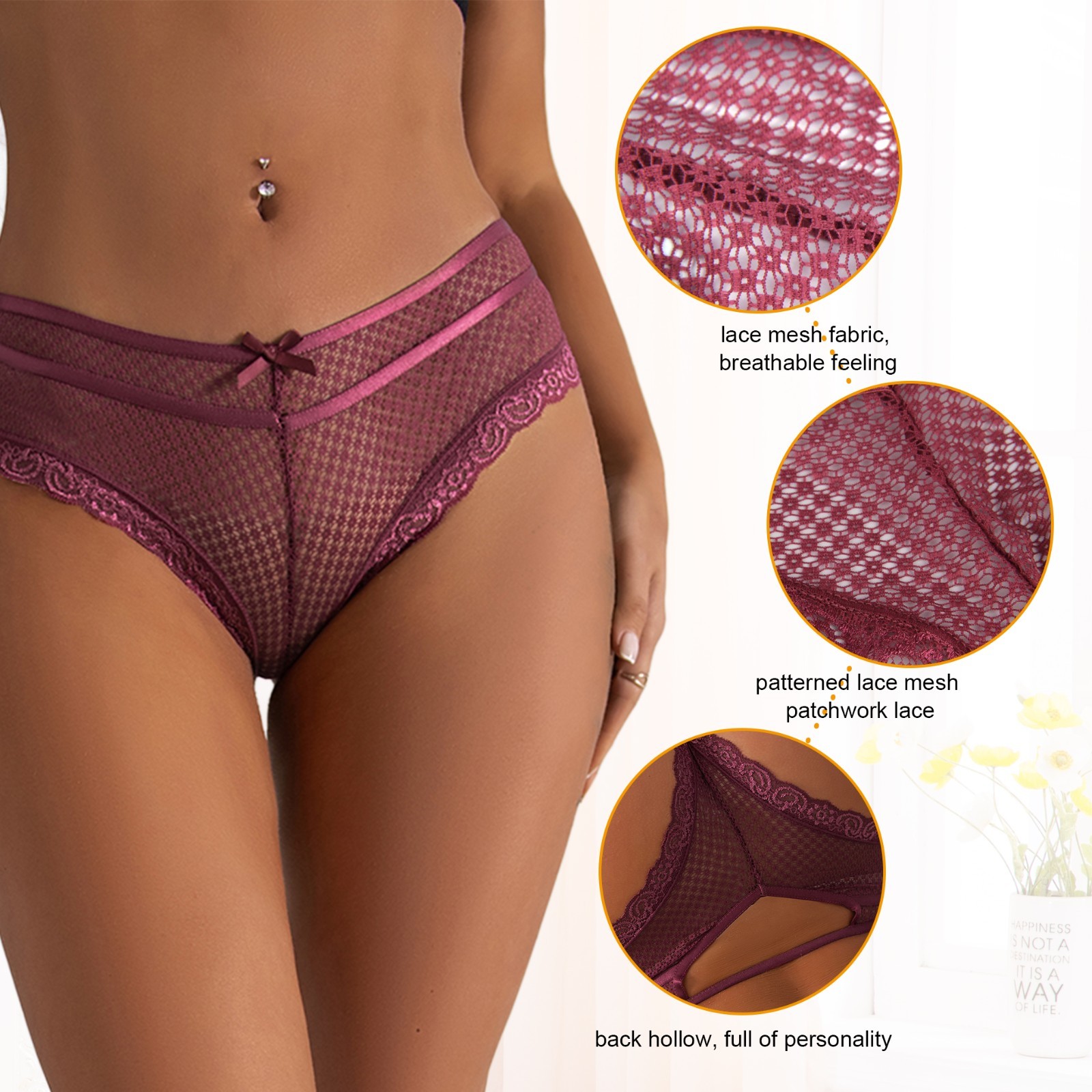 WOW BABE Purple Pattern Lace Open Crotch French Knickers Panty Thong Size 8-10