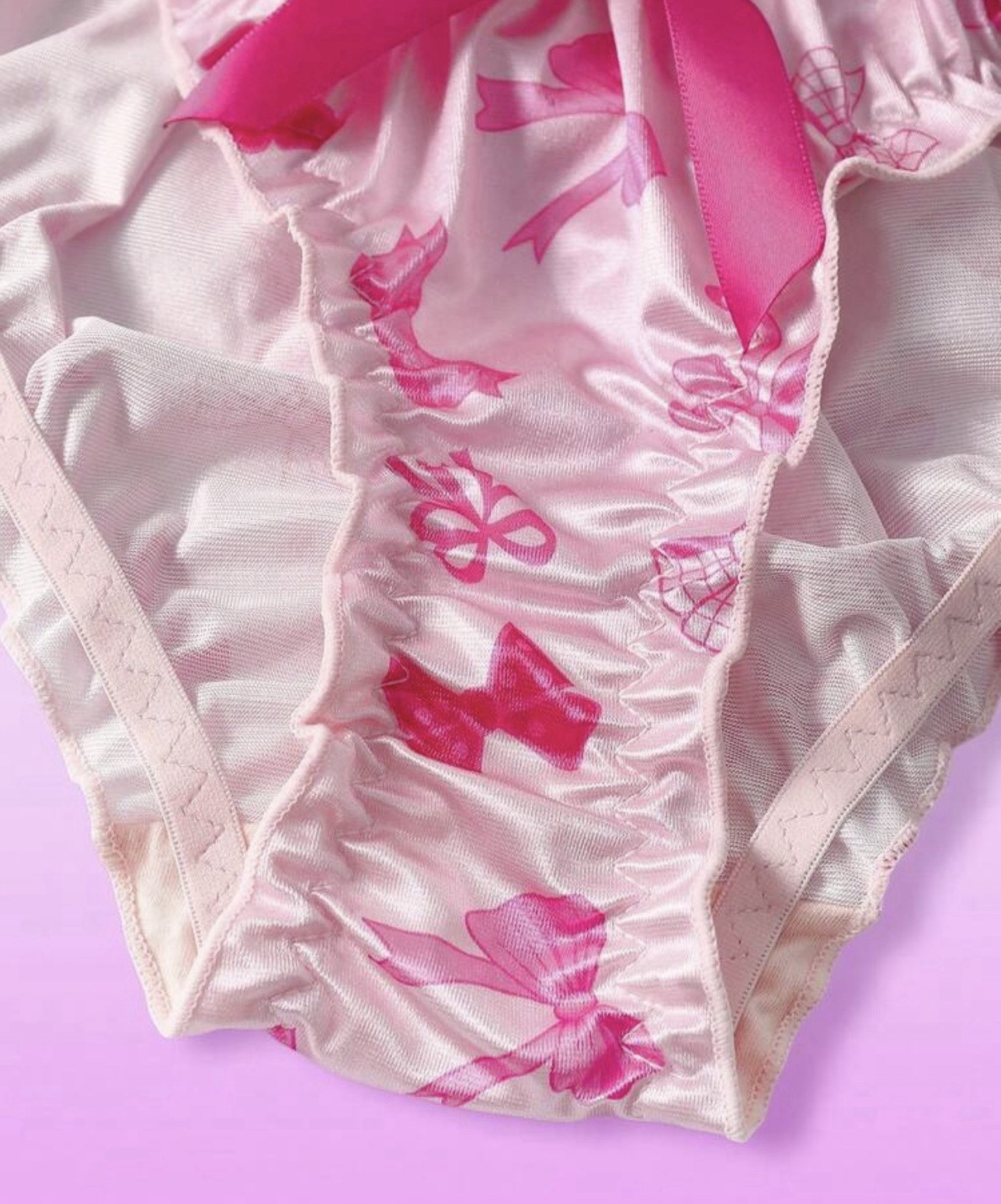 Glossy Pink Bow Print Satin Crinkle Edge Babydoll Sissy Bikini Panties XL NEW