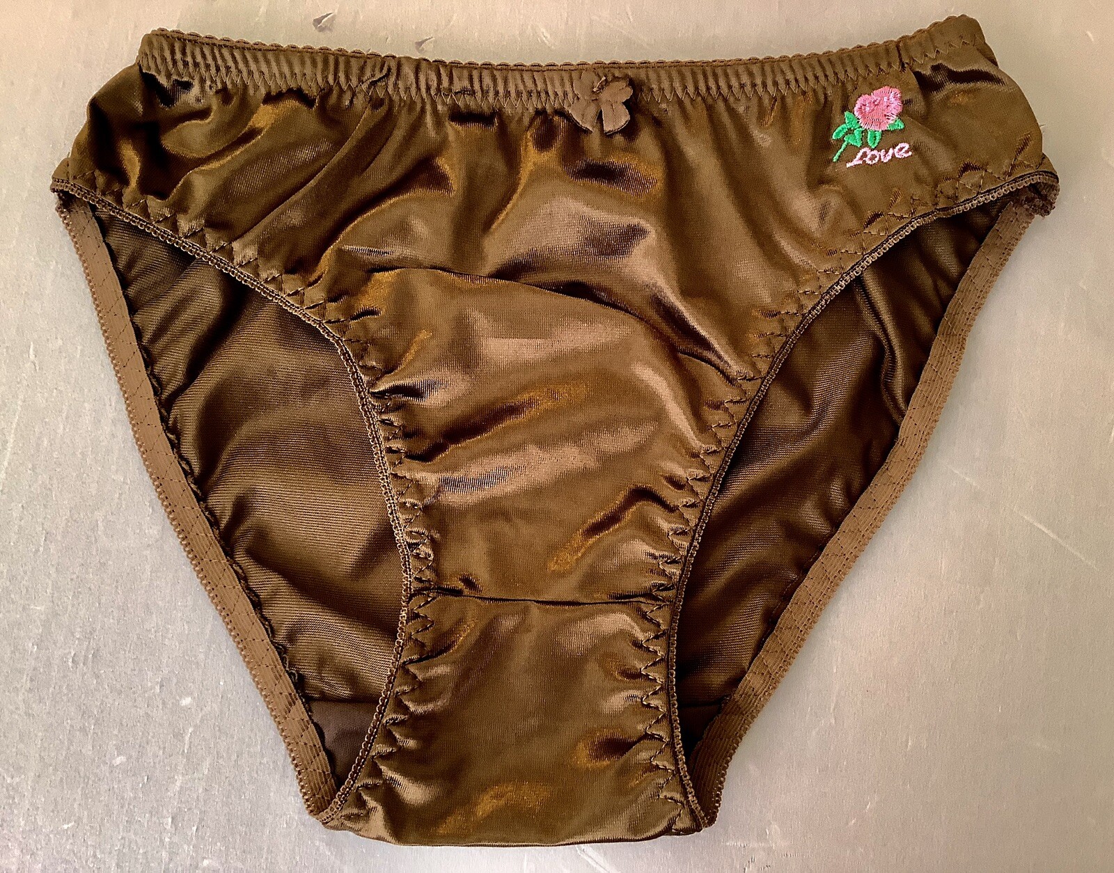 Women Panties Bikinis GRACE Size L. Brown Nylon Satin Soft W/Decoration Elastic