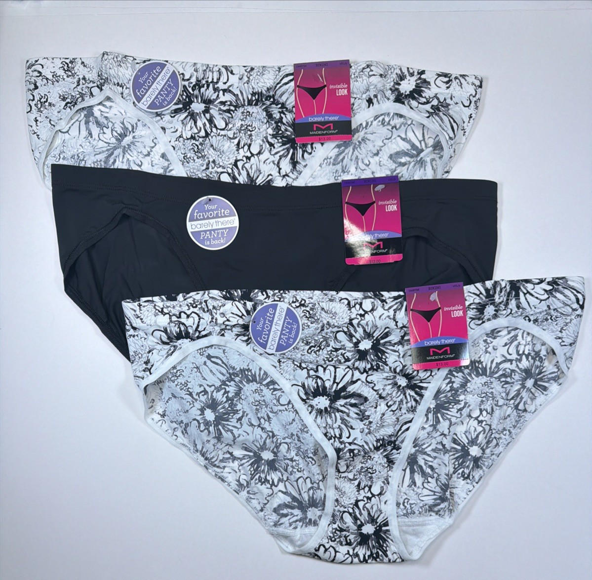 Maidenform Barely There Invisible Look Bikini Panty 2XL Black Floral 3 Pk DMBTBK