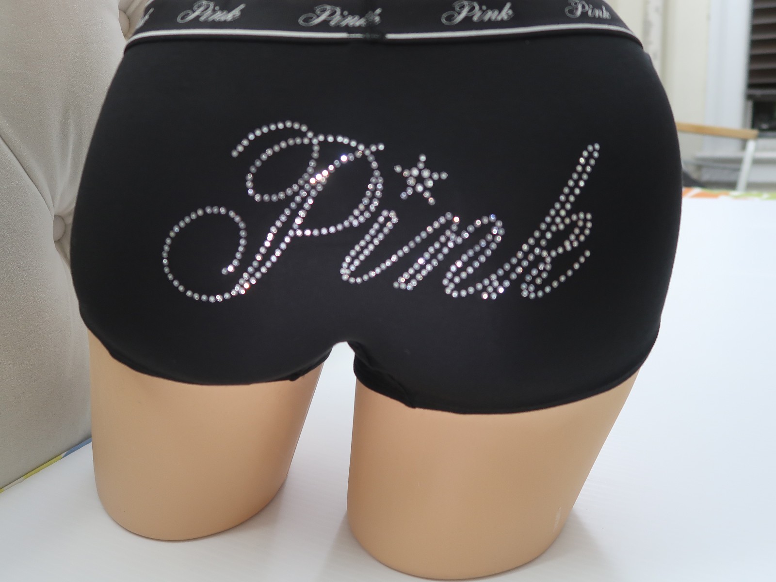 Victoria’s Secret PINK Logo Boyshort Black Diamante Rhinestone Shine M L XL XXL