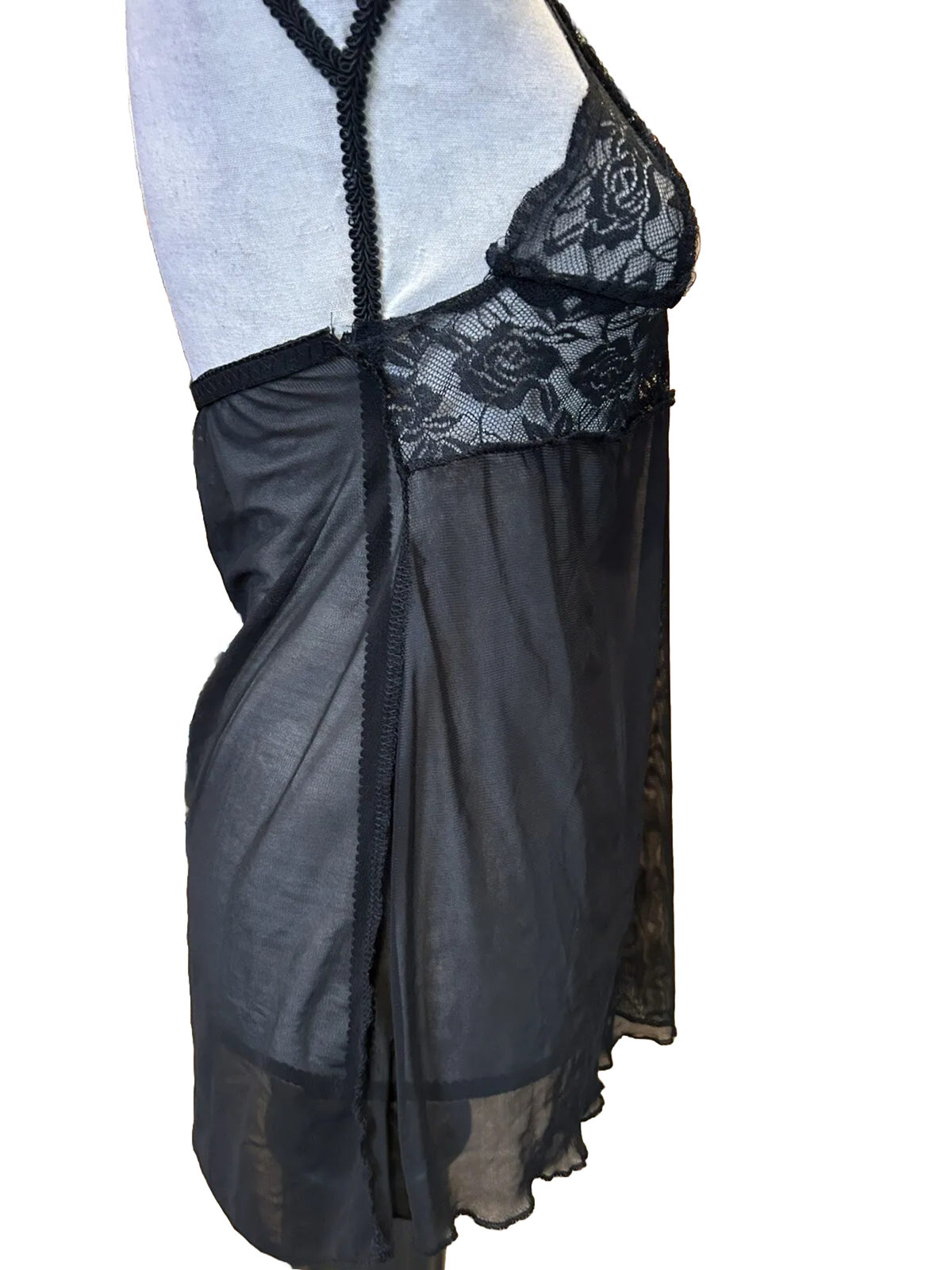 💋Black Halter Neck Lace Mesh Tie Neck Nightie Shirt Baby Doll Sz Small