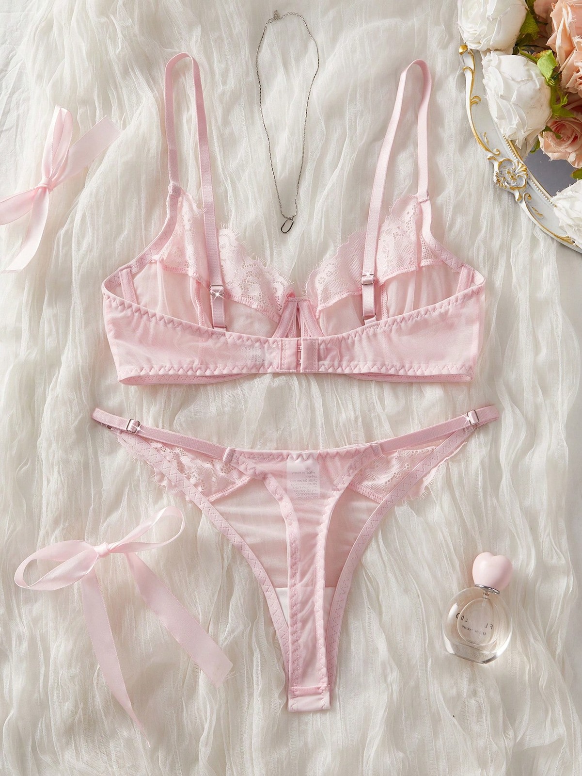 Pink Lace & Mesh Patchwork Underwired Bra and Panties Set Seductive Cheap24